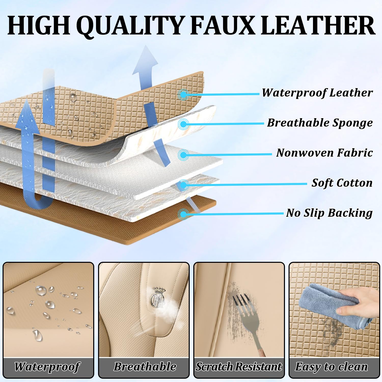 Premium Waterproof Leather Front Seat Covers (2-Piece Set) - Luxury Leatherette Car Seat Protectors for Sedan, SUV & Pickup Trucks - Beige Color - Perfect for Daily Commute, Road Trips & Pet Protection