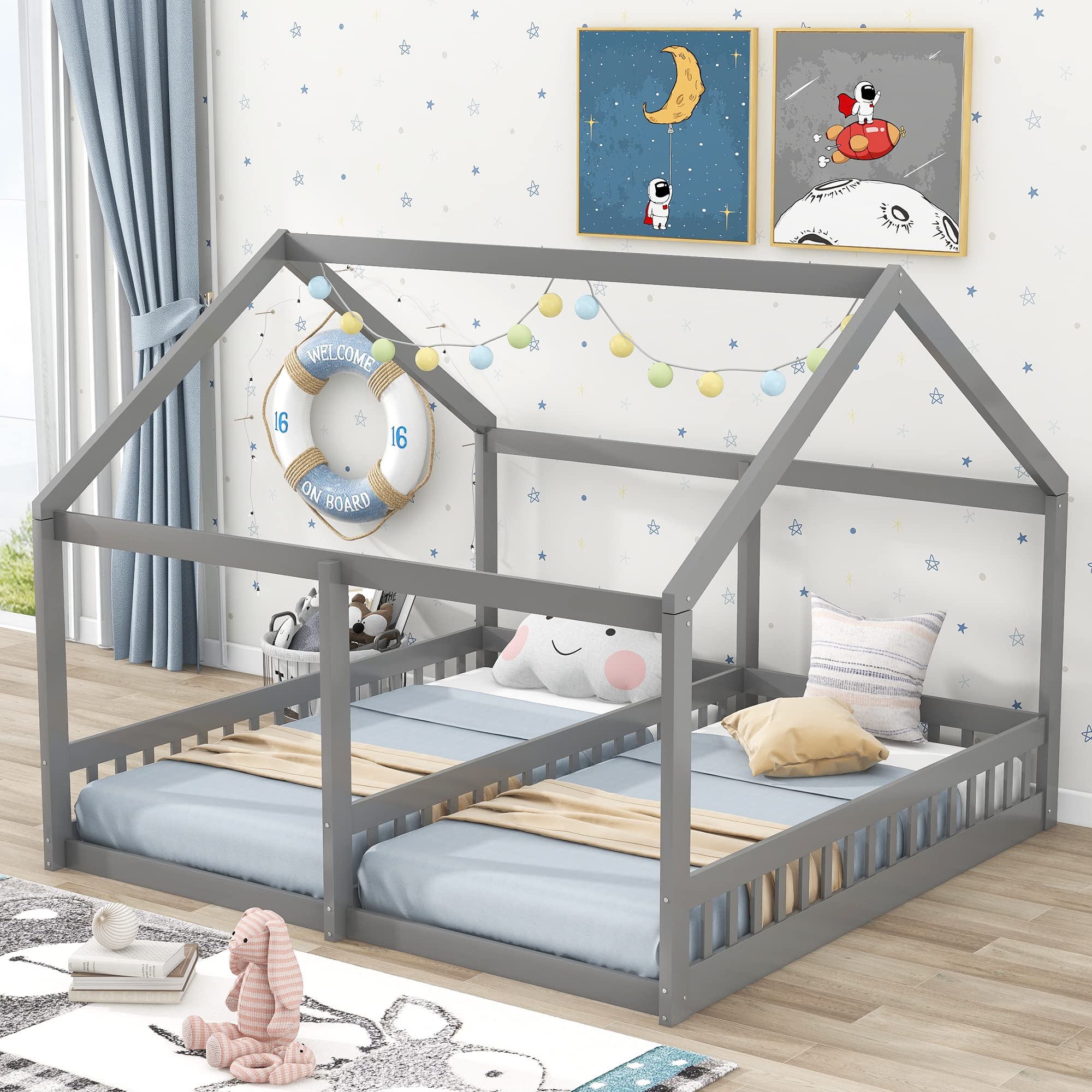 Twin Size House Platform Bed Frame - Solid Pine Wood Kids Bed with Roof - Gray - Perfect for Shared Bedrooms, Playrooms, and Cozy Sleepovers