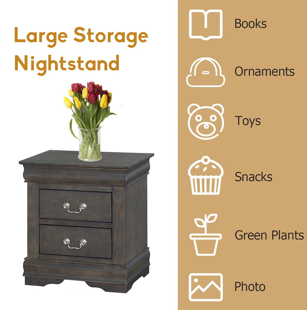 Henf 2 Drawer Nightstand - Modern Wood Bedside Table with Handles, Sturdy End Table for Bedroom, Living Room & Dorm - Easy No Assembly Required (Dark Grey) | Perfect for Small Spaces, Guest Rooms & Apartment Decor