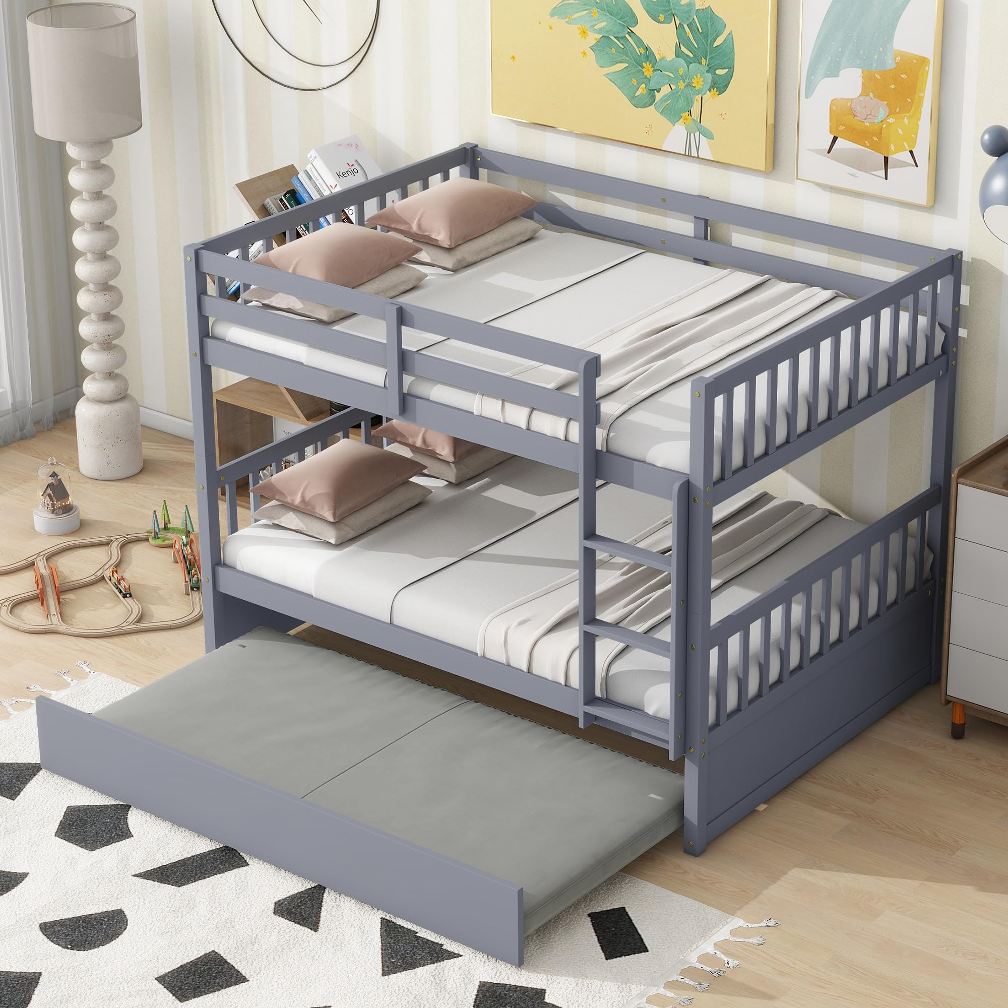 Homsof Full Over Full Bunk Bed with Trundle - Converts to 2 Full Size Platform Beds | Sturdy Ladder & Safety Rails for Kids, Teens & Adults | Space-Saving Grey Bedroom Furniture for Guest Rooms, Dorms & Small Apartments