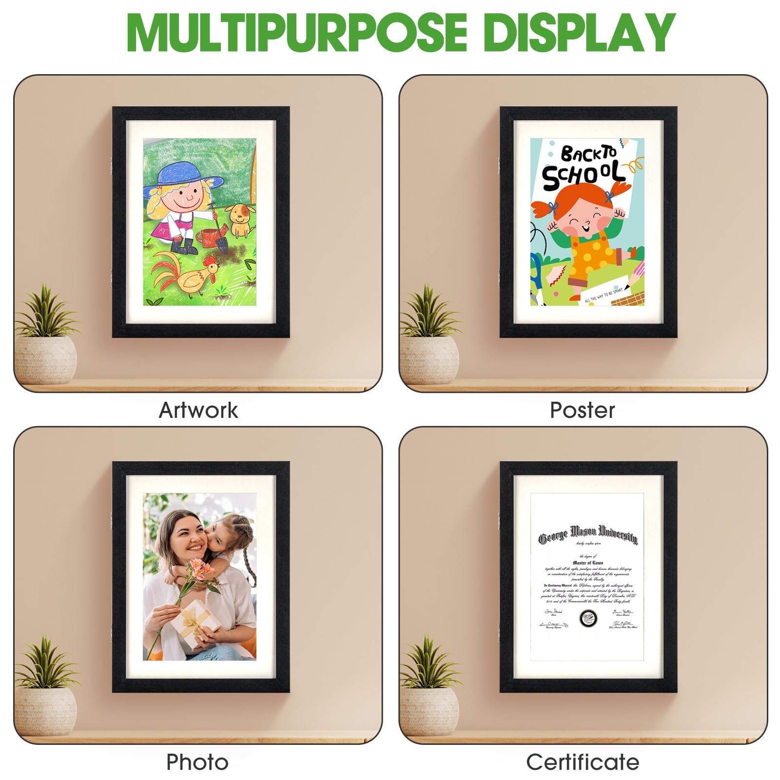AIOR Kids Art Frame - 8.5 x 11 Front Opening Picture Frame for Children's Artwork | Holds 150 A4 Drawings & Projects | Changeable Display with Stand | Perfect for Classroom Decor, Home Gallery & Gift (Black)