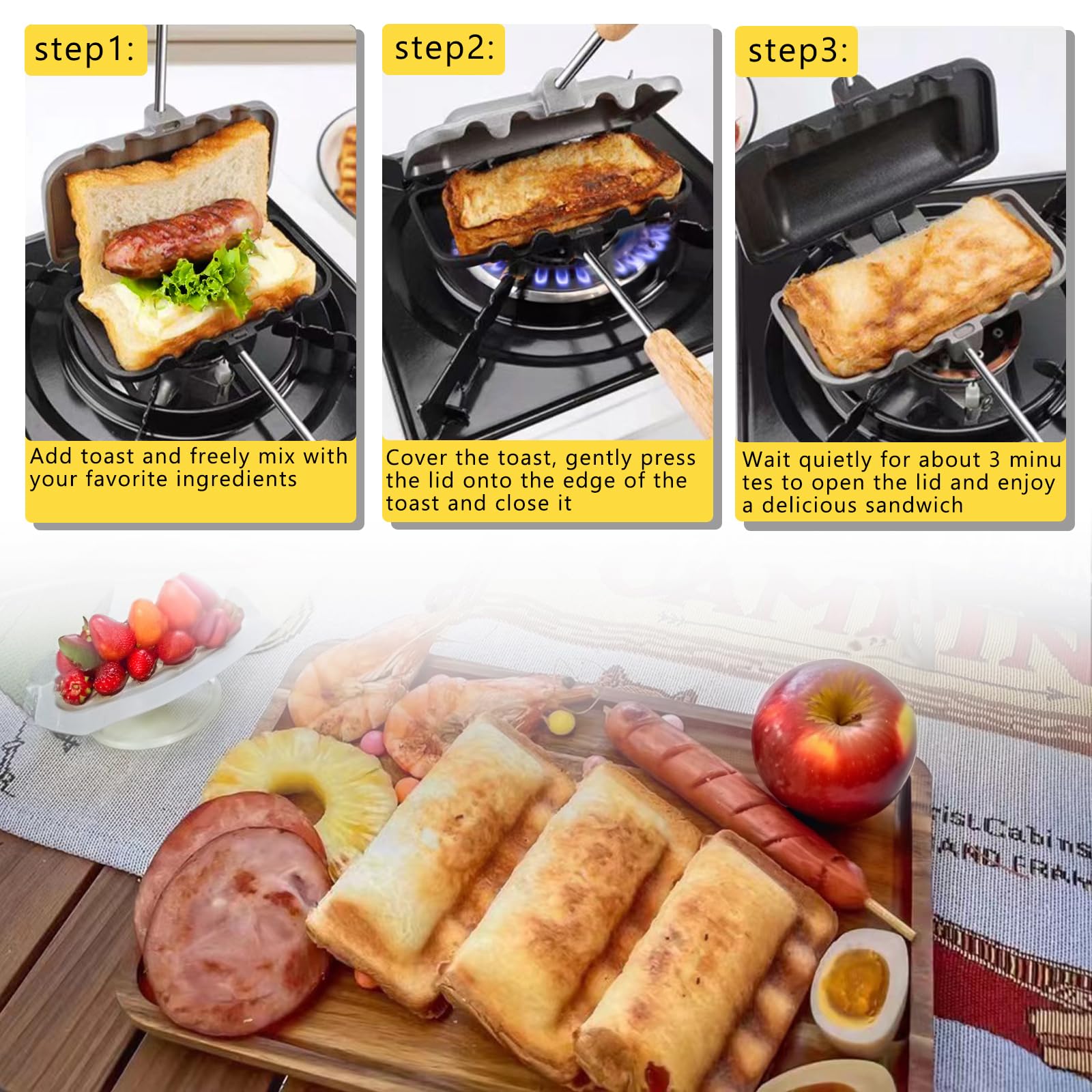 Hot Sandwich Maker - Double-Sided Nonstick Grill Pan for Breakfast, Hot Dogs & Camping | Long Handle Electric Toaster for Perfect Grilled Cheese, Panini & Quick Meals | Ideal for Home, Office & Outdoor Cooking