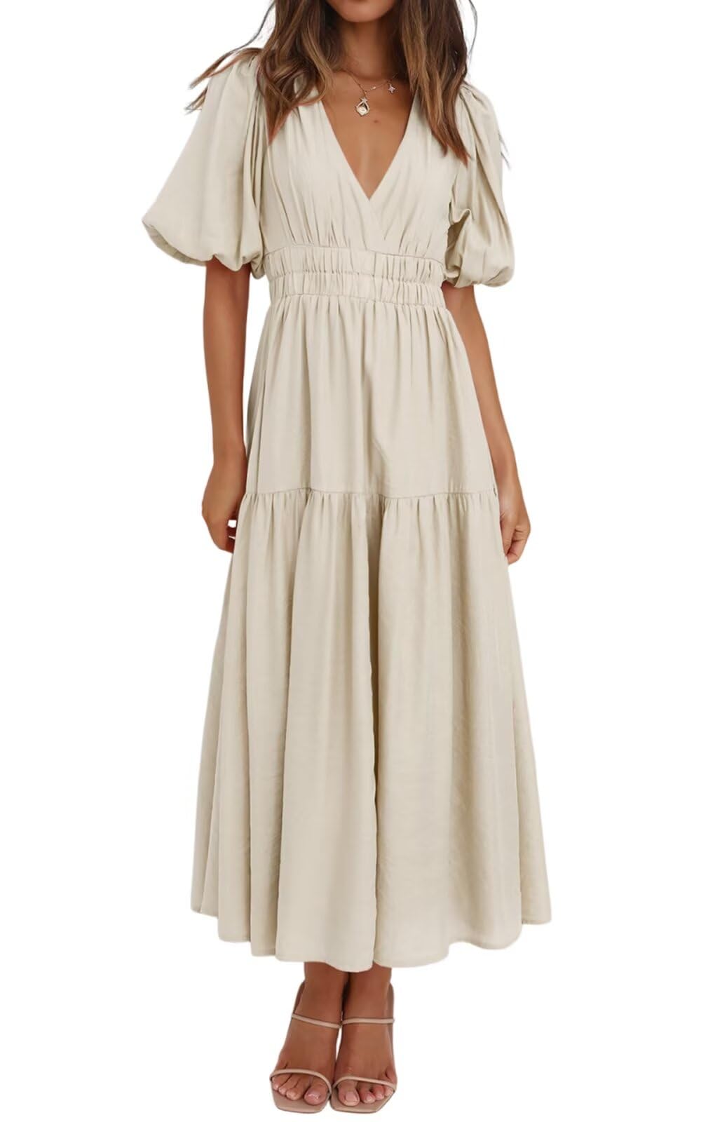 Women's Summer Swing Dress - Short Sleeve V-Neck Flowy Tiered Maxi Dress for Beach, Vacation & Casual Wear | Lightweight Comfortable Sundress for Outdoor Activities