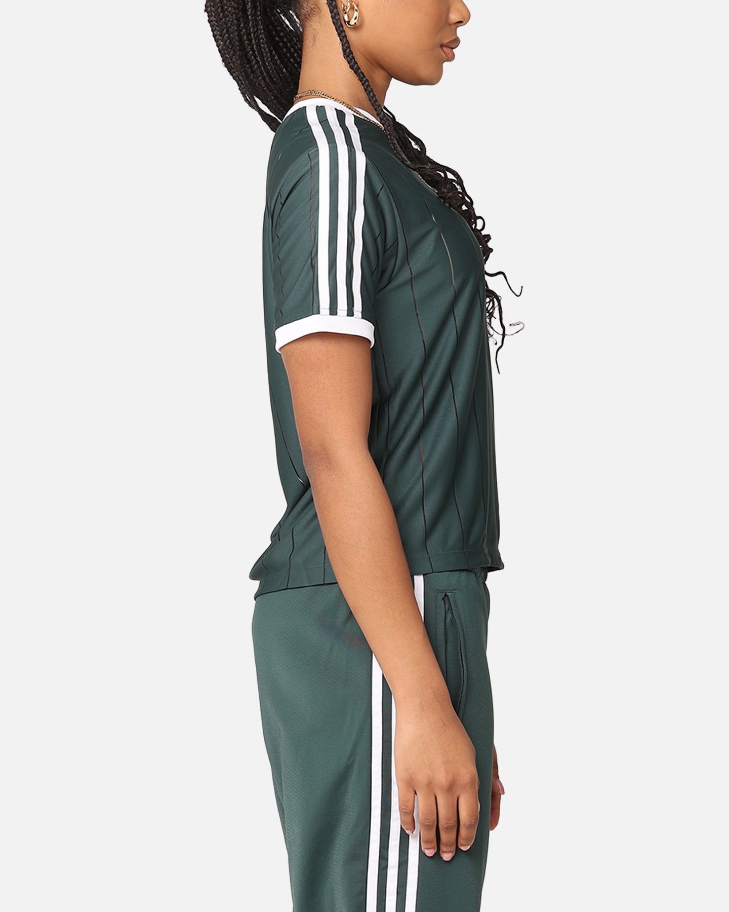 Adidas Women's 3 Stripes Pinstripe T-Shirt - Mineral Green Athletic Top for Running, Gym & Casual Wear