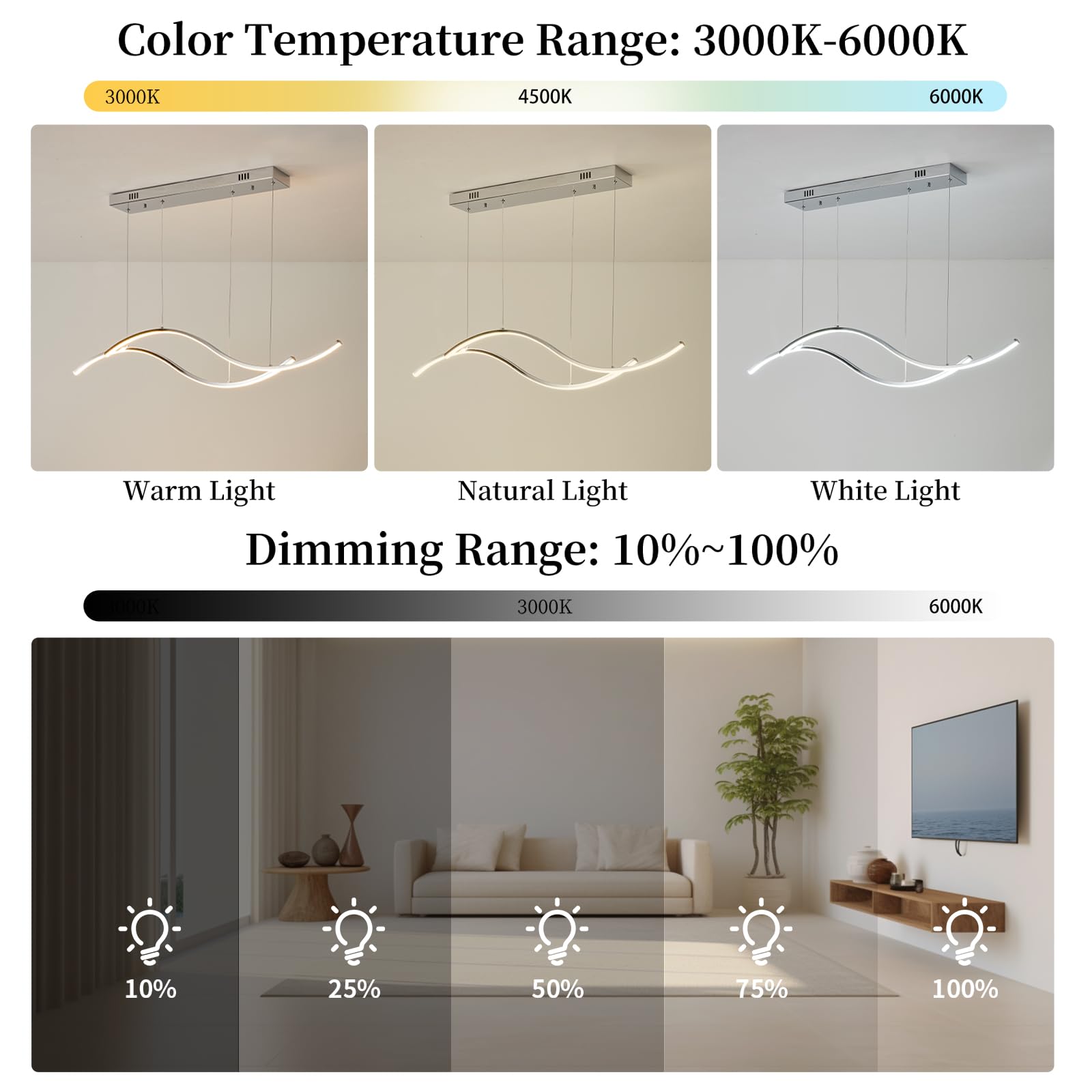 Modern Dimmable LED Pendant Light - Chrome Wave Chandelier for Dining Room, Kitchen Island & Bedroom | Energy-Efficient Hanging Light Fixture for Home Decor (Perfect Over Tables, Countertops and Living Spaces)