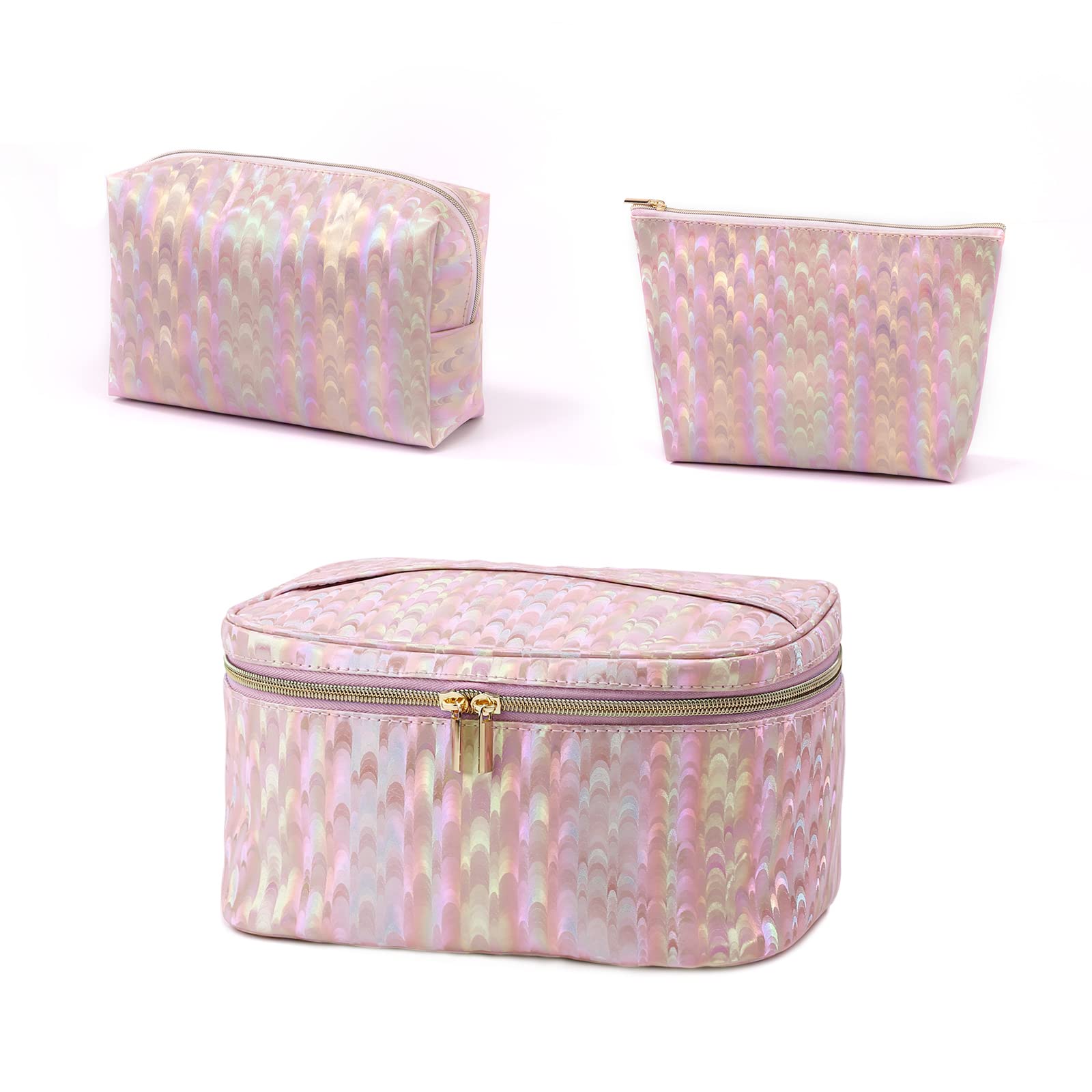 Fynigto Leather Makeup Bag Set - Waterproof Travel Cosmetic Organizer for Women & Girls, Large Pink Toiletry Case - Perfect for Vacation, Gym, and Daily Essentials Storage
