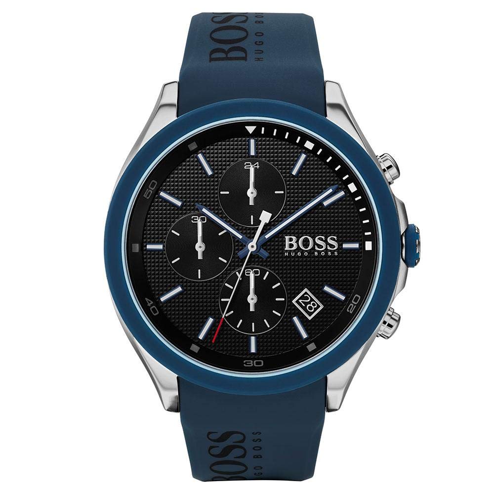 BOSS Velocity Men's Stainless Steel Quartz Watch with Silicone Strap - Waterproof Blue Dial Casual Dress Watch for Business, Sports & Everyday Wear (Model 1513717)