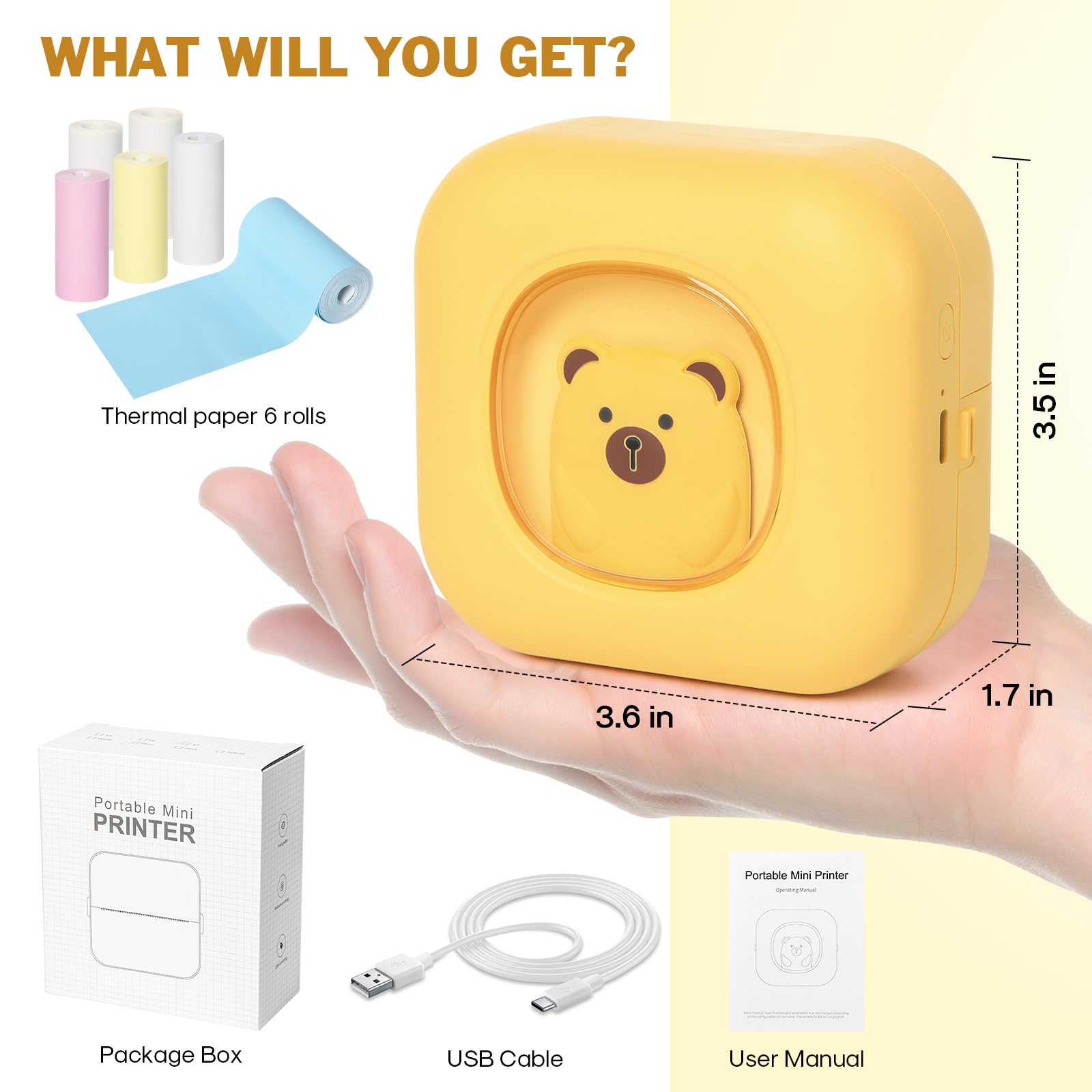 Mini Sticker Printer - Inkless Bluetooth Thermal Printer for Photos, Journals & DIY Projects | Compatible with iOS/Android | Includes 6 Paper Rolls (Yellow) | Perfect for Scrapbooking, Planner Decoration & School Notes
