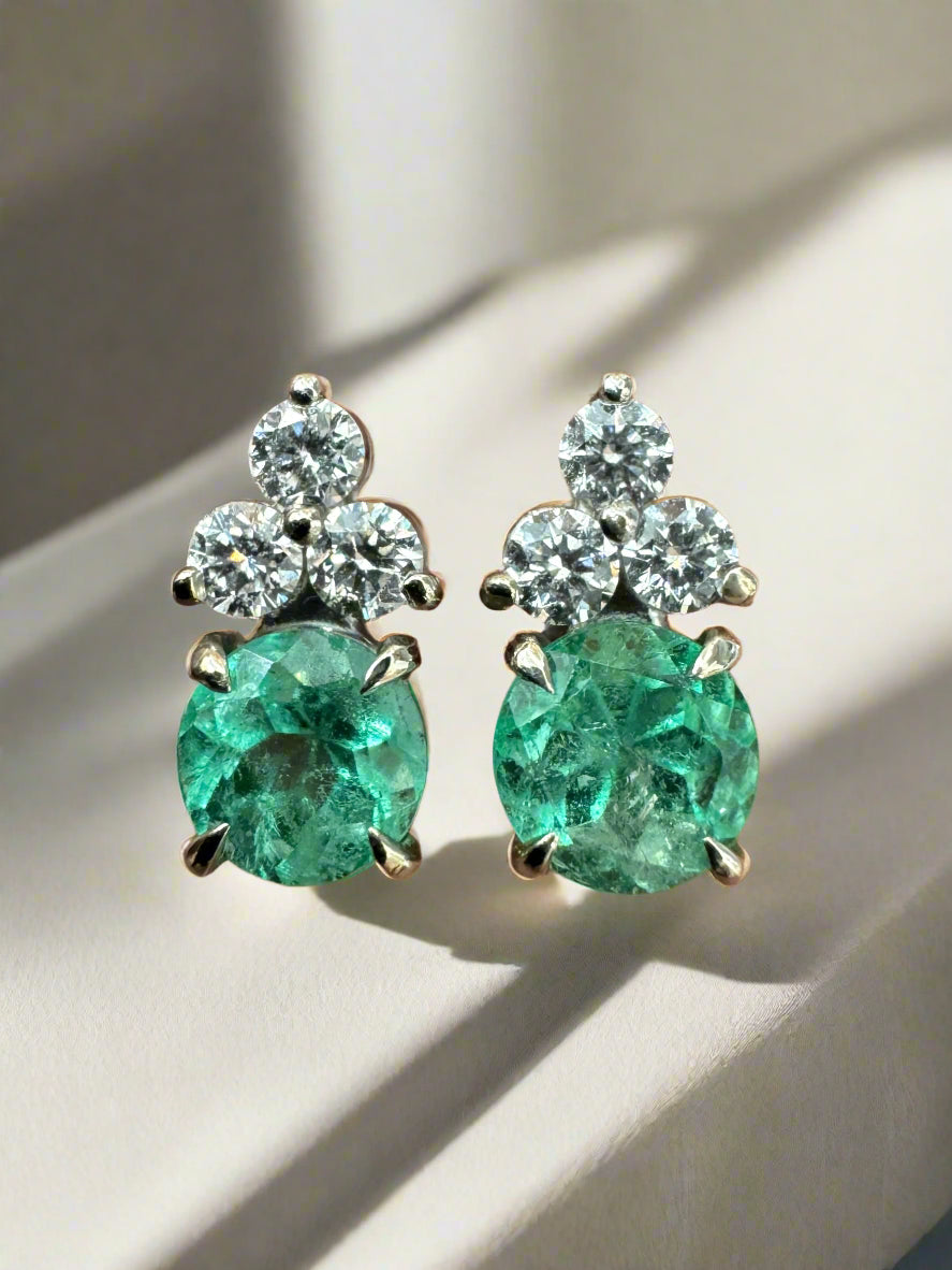 14K White Gold Colombian Emerald & Diamond Trio Stud Earrings | Natural Green Gemstone Jewelry for Women | Perfect for Weddings, Anniversaries & Special Occasions