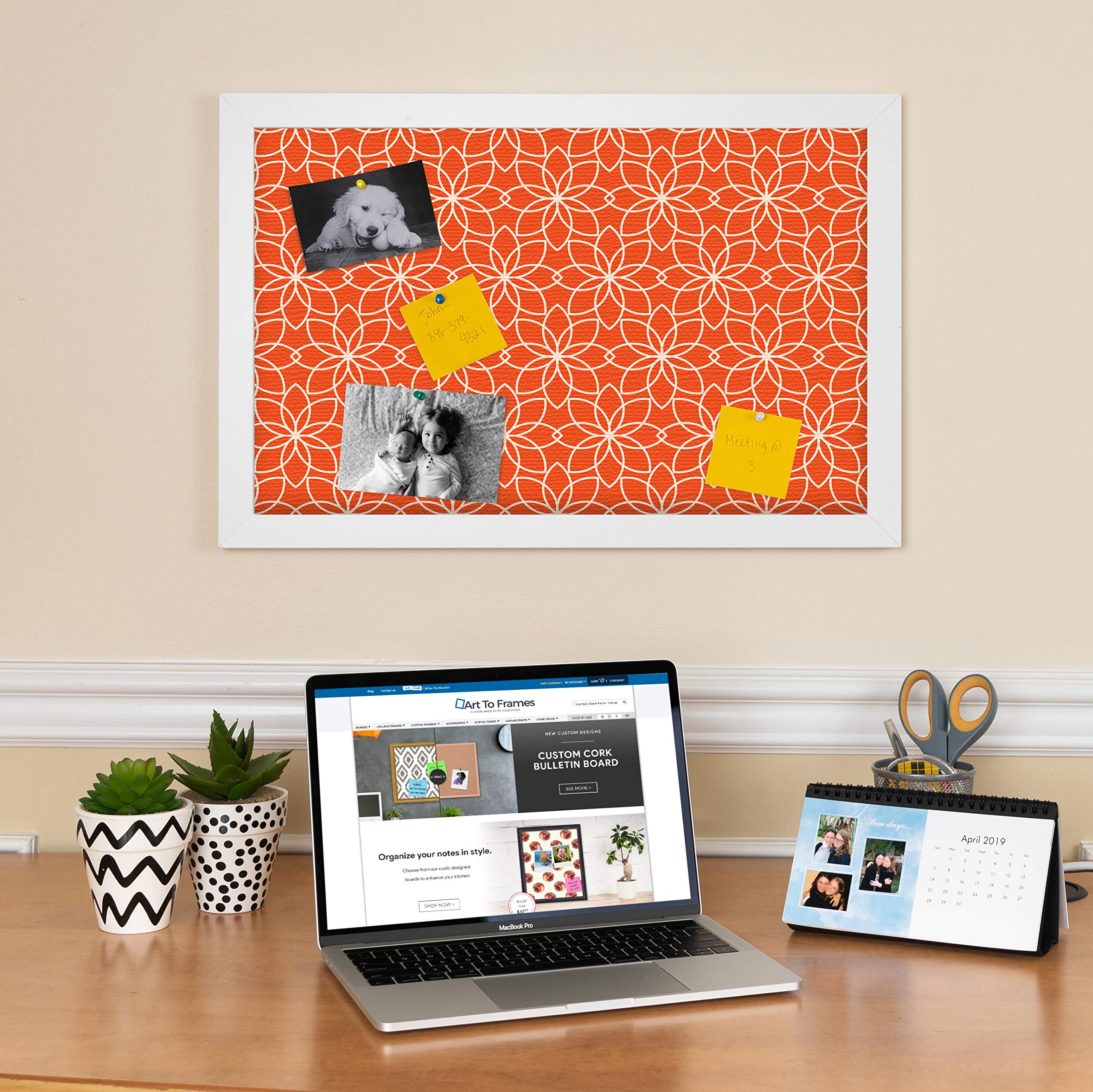 ArtToFrames 36x24 Inch (2x3 ft) Custom Cork Bulletin Board - Floral Design Dark Orange Pin Board with Fabric Canvas Finish & Satin White Frame (PinPix-547-36x24_FRBW26074) - Perfect for Home Office, Classroom, or Creative Workspace Decor