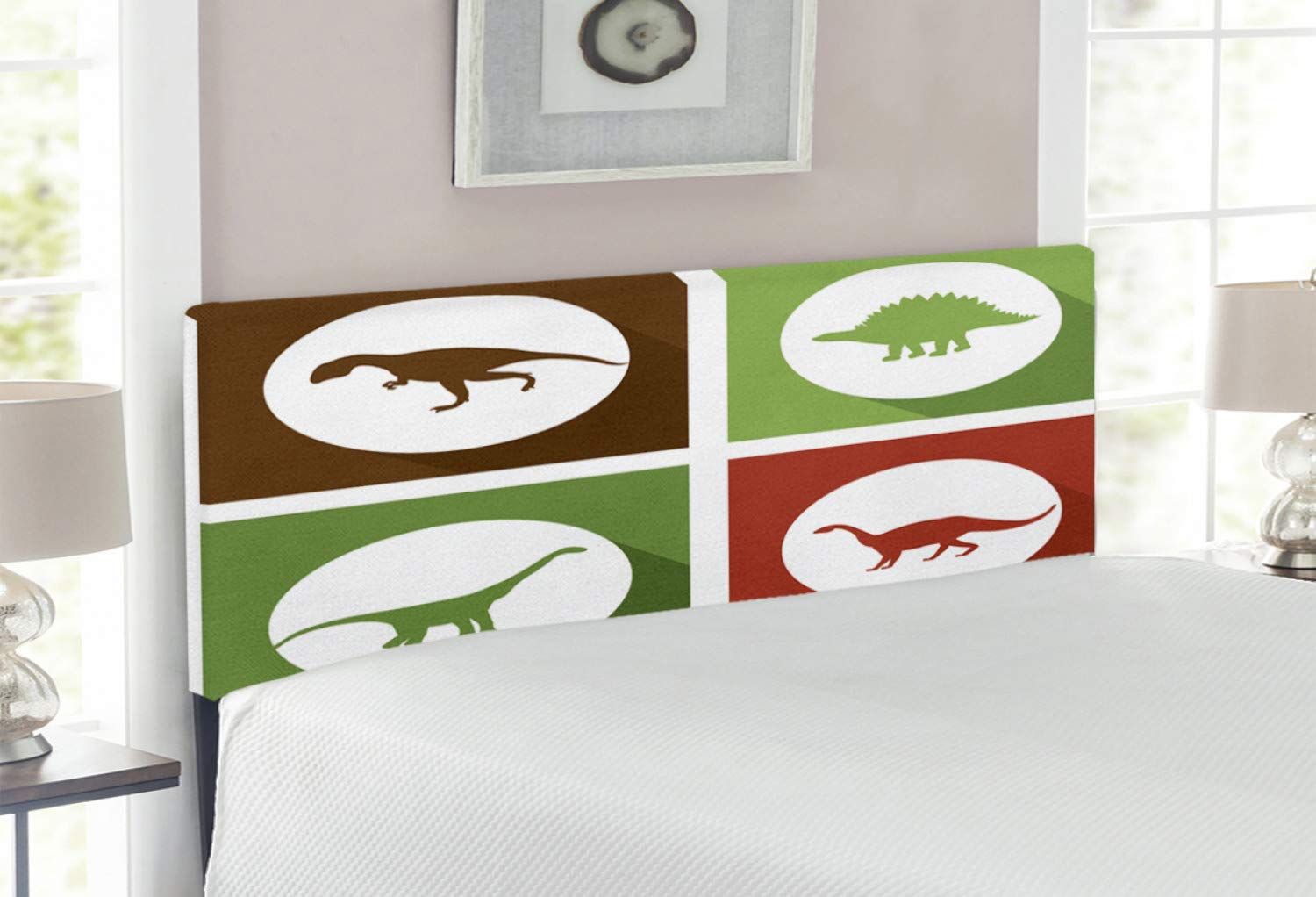 Dinosaur Headboard with Pastel Frames - Upholstered Metal Bed Headboard with Memory Foam, Full Size in Green Brown Cinnamon | Extinct Species Decor for Kids' Bedroom, Dinosaur Themed Nursery