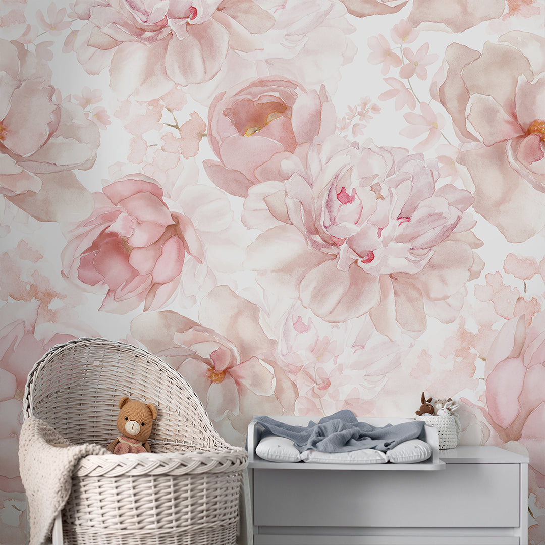 Pastel Pink Flowers Wall Mural SM039 - Floral Peel and Stick Wallpaper for Bedroom, Nursery, Living Room Decor