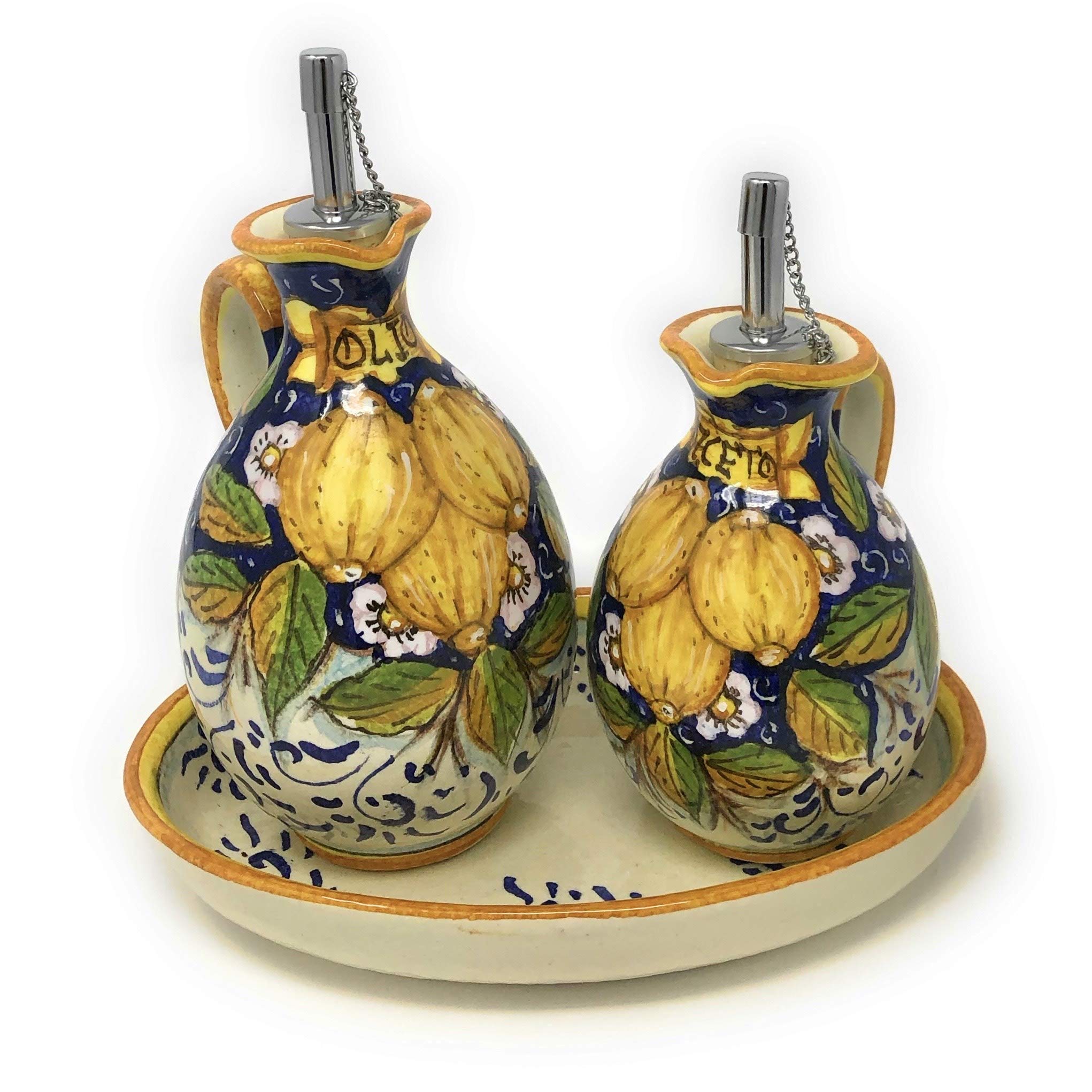 Italian Hand-Painted Tuscan Ceramic Oil and Vinegar Cruet Set with Lemon Decorated Tray - Artisanal Pottery Made in Italy | Perfect for Kitchen, Dining Table & Tuscan-Themed Home Decor
