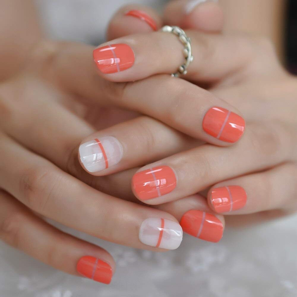 Short Pre-designed Sweet False Nails - Light Orange & Milk White Press On Nail Tips for Women | Round Artificial Nails for Everyday Wear & Special Occasions