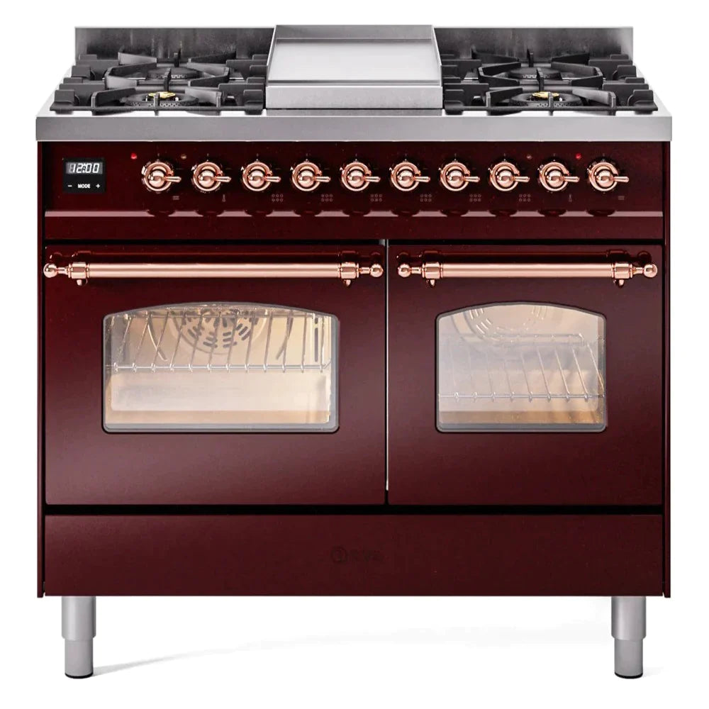 ILVE 40 Nostalgie II Series Freestanding Double Oven Dual Fuel Range - 6 Sealed Burners & Griddle - Professional Gas & Electric Range for Home Kitchen - Perfect for Baking, Roasting & Family Cooking (Model UPD40FNMP)