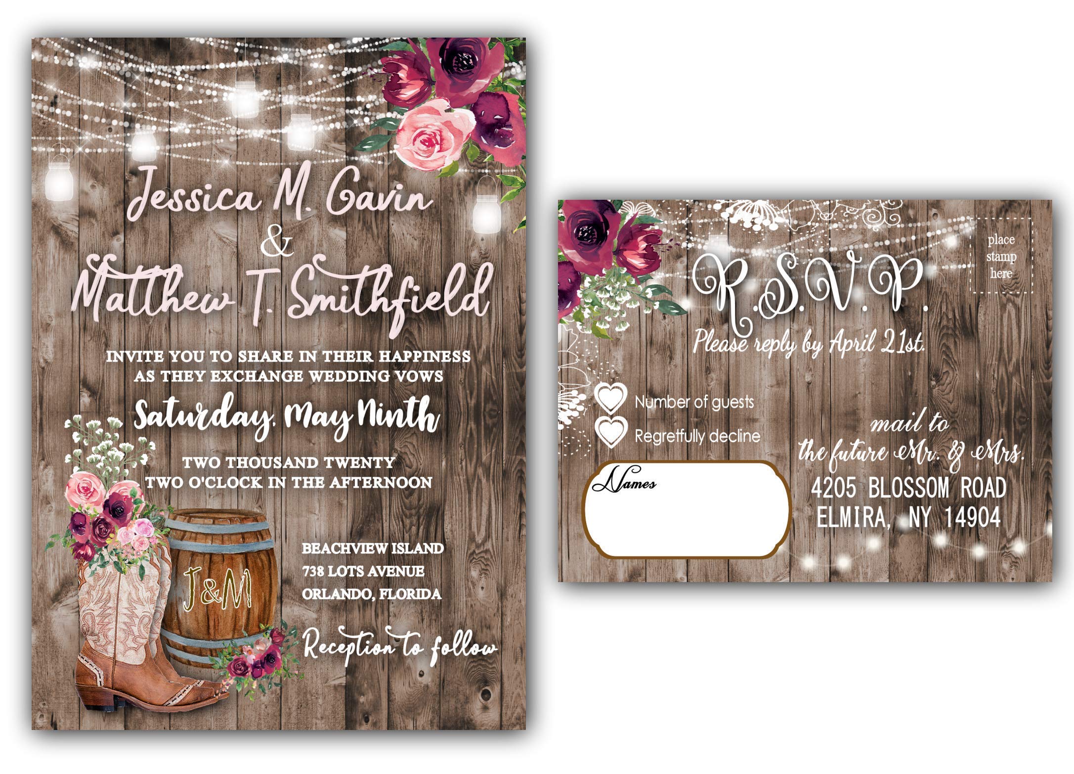 Country Barn Pink Rustic Wedding Invitations Set of 50 With White Envelopes - Cowgirl Cowboy Theme Western Wedding Stationery for Barn Weddings, Country Themed Events & Anniversary Celebrations