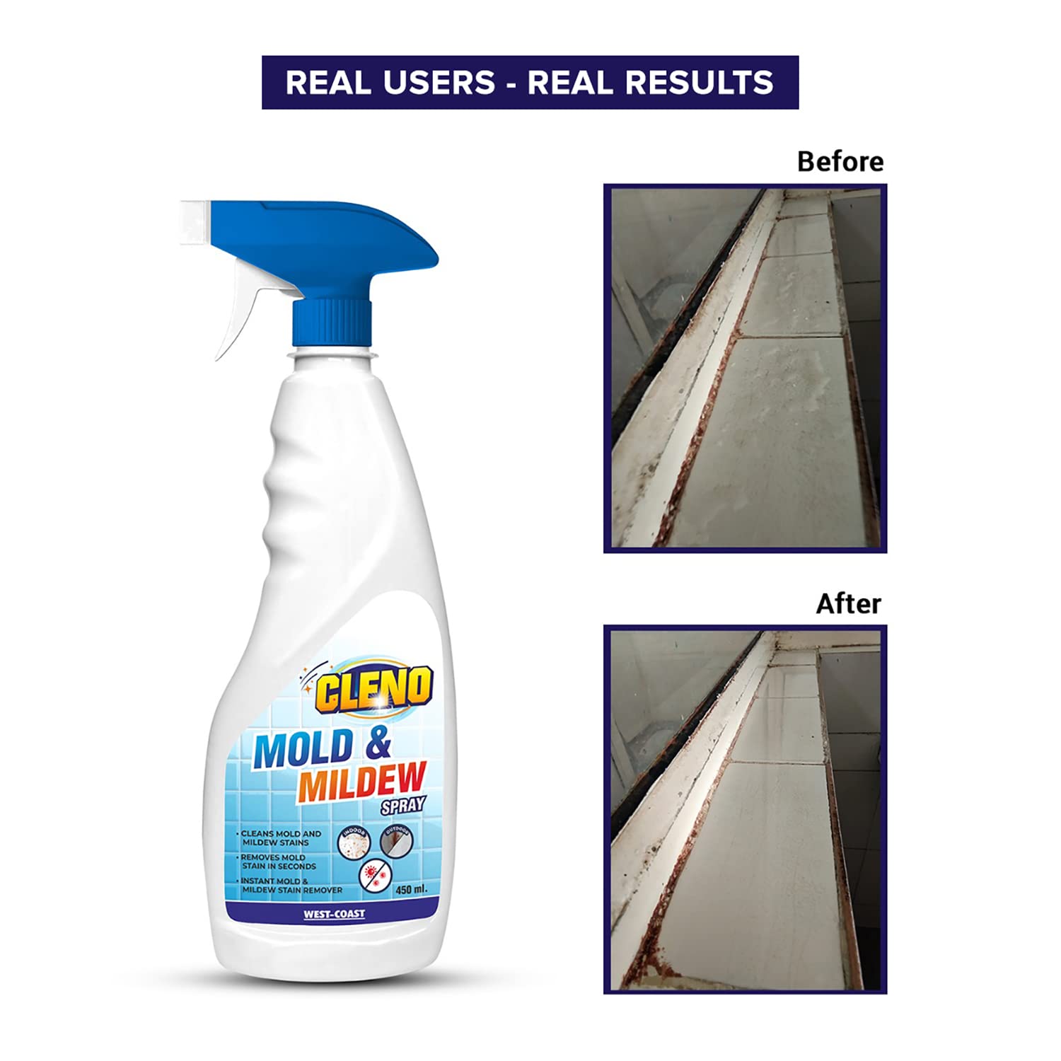 Cleno Mold & Mildew Cleaner Spray - Powerful Multi-Purpose Cleaner for Kitchen, Bathroom Tiles, Sinks, Mirrors & Chimneys | Hard Water Stain Remover | 450ml | Ideal for Deep Cleaning & Household Maintenance