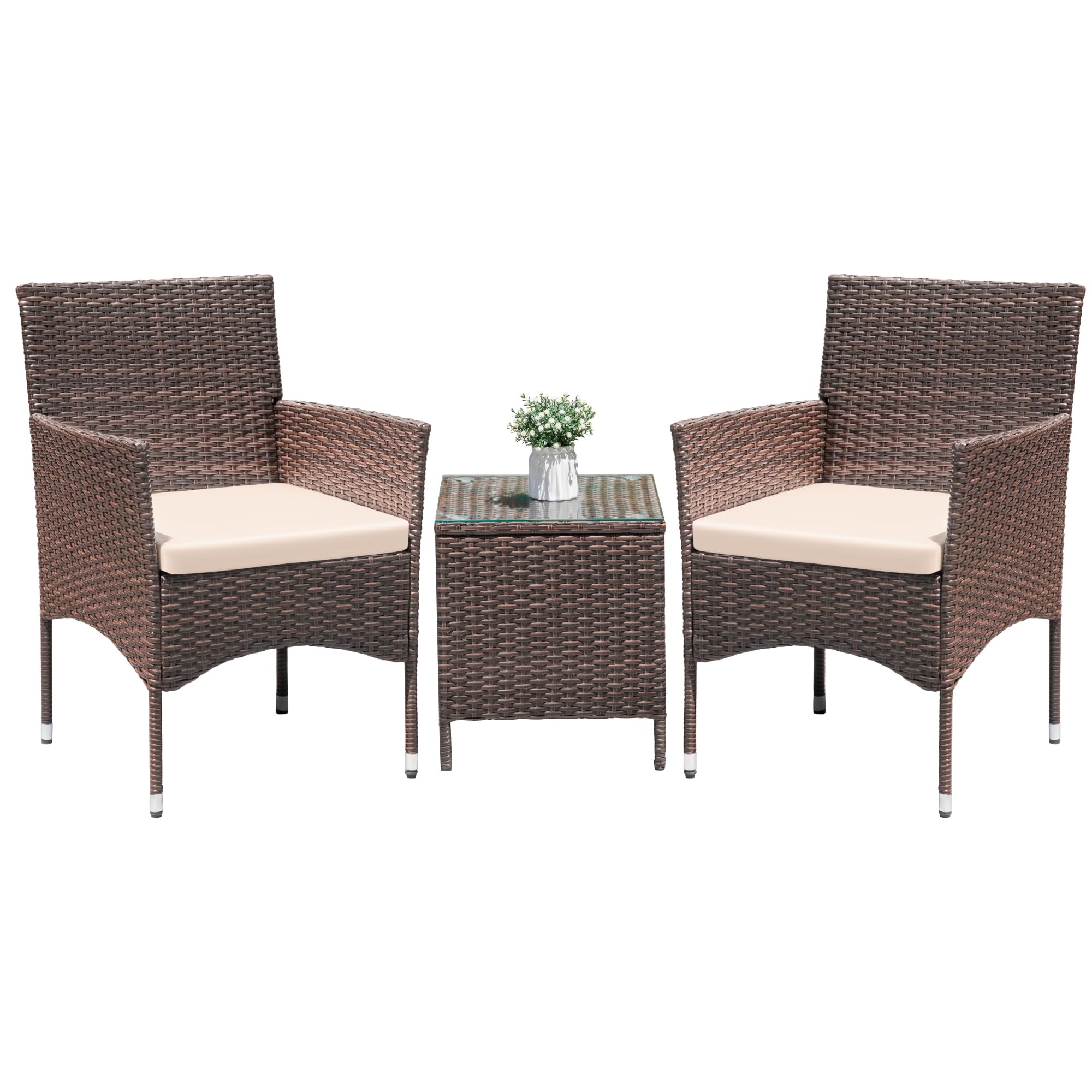 Greesum 3-Piece Outdoor Patio Dining Set - PE Rattan Wicker Chairs with Cushions & Glass Coffee Table - Brown & Beige Garden Furniture for Backyard, Poolside, and Outdoor Entertaining