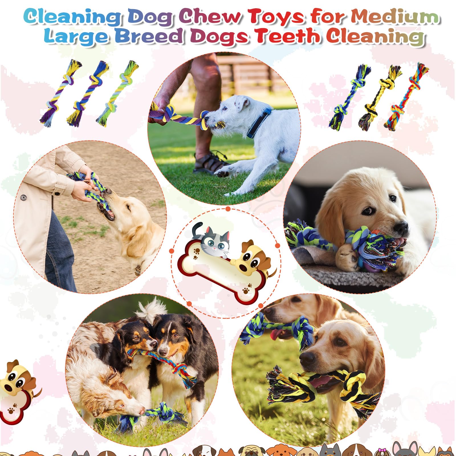 24 Pack Large Dog Rope Toys 10 Inch Natural Cotton Chew Toys for Aggressive Chewers, Medium Dogs, 2 Knot Design, Durable Teething Rope for Indoor and Outdoor Play