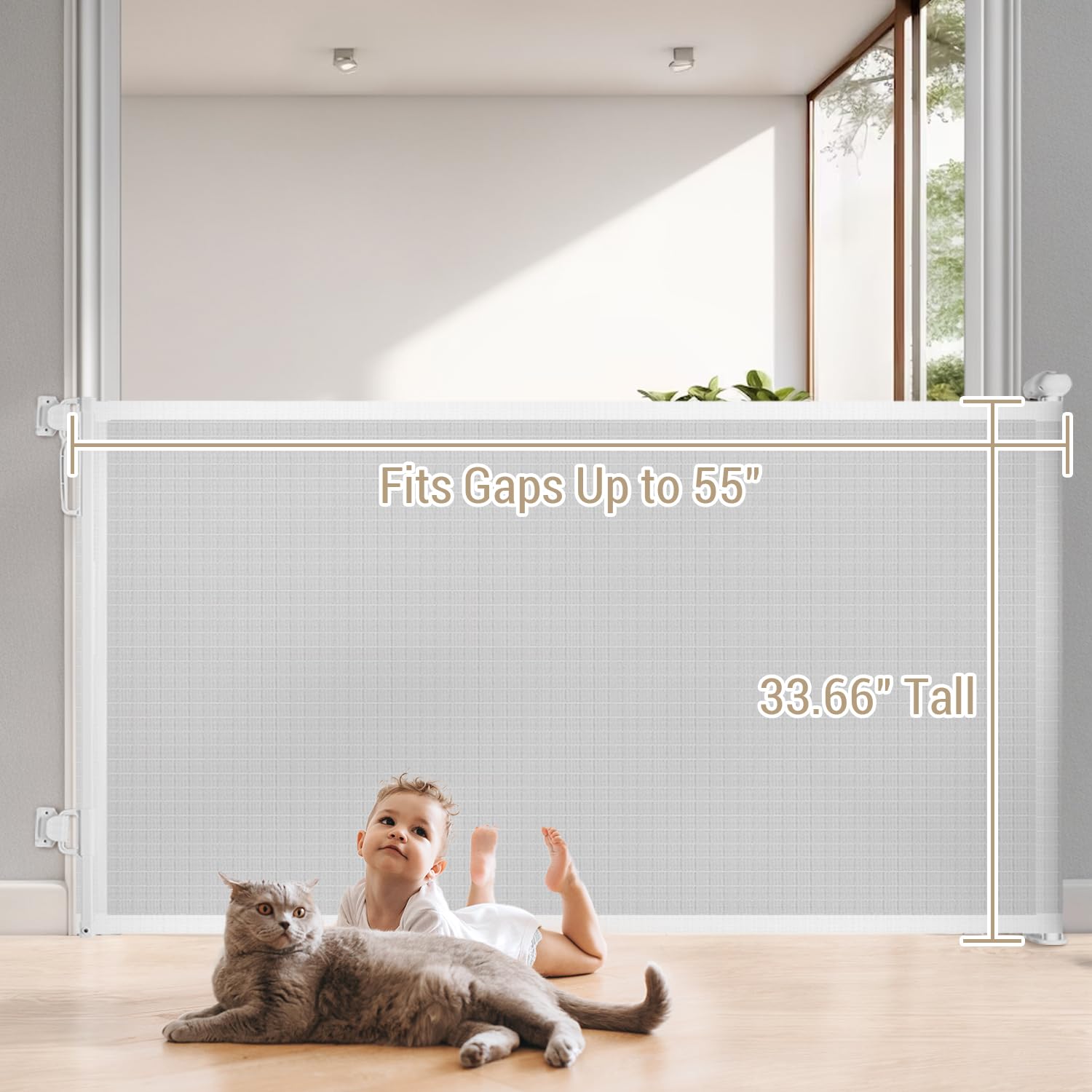 Newnice 55 Inch Extra Wide Retractable Baby & Dog Gate for Large Openings - Indoor/Outdoor Safety Barrier for Stairs, Doorways, Hallways - White | Perfect for Homes with Pets & Toddlers (Baby Proofing & Pet Containment Solution)