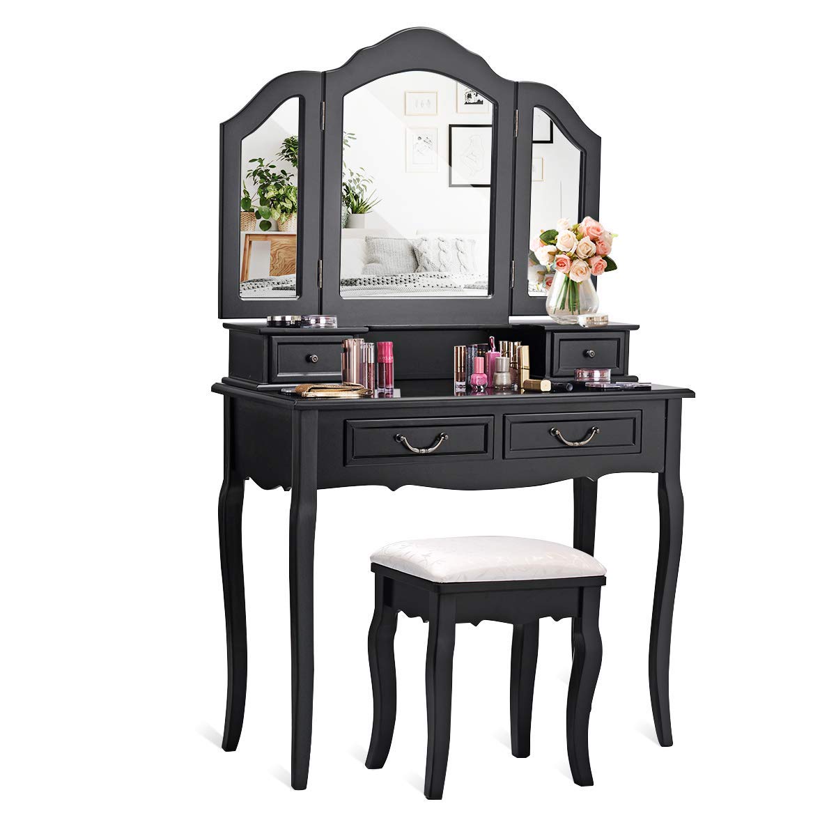 Vanity Table Set with Stool & Mirror - 4-Drawer Multifunctional Makeup & Writing Desk, Tri-Folding Mirror & Cushioned Stool - Perfect for Home Bedroom, Dressing Room & Beauty Salon (Black)