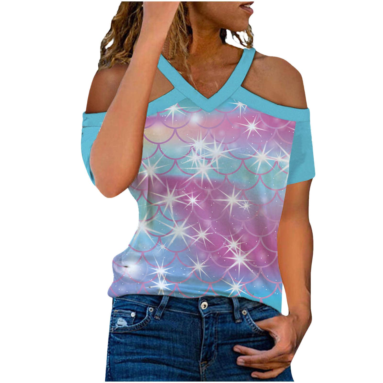 Women's Summer Cold Shoulder Casual V-Neck Short Sleeve Loose Fit T-Shirt - Cute Pattern Print Blouse for Going Out, Beach, Party & Daily Wear