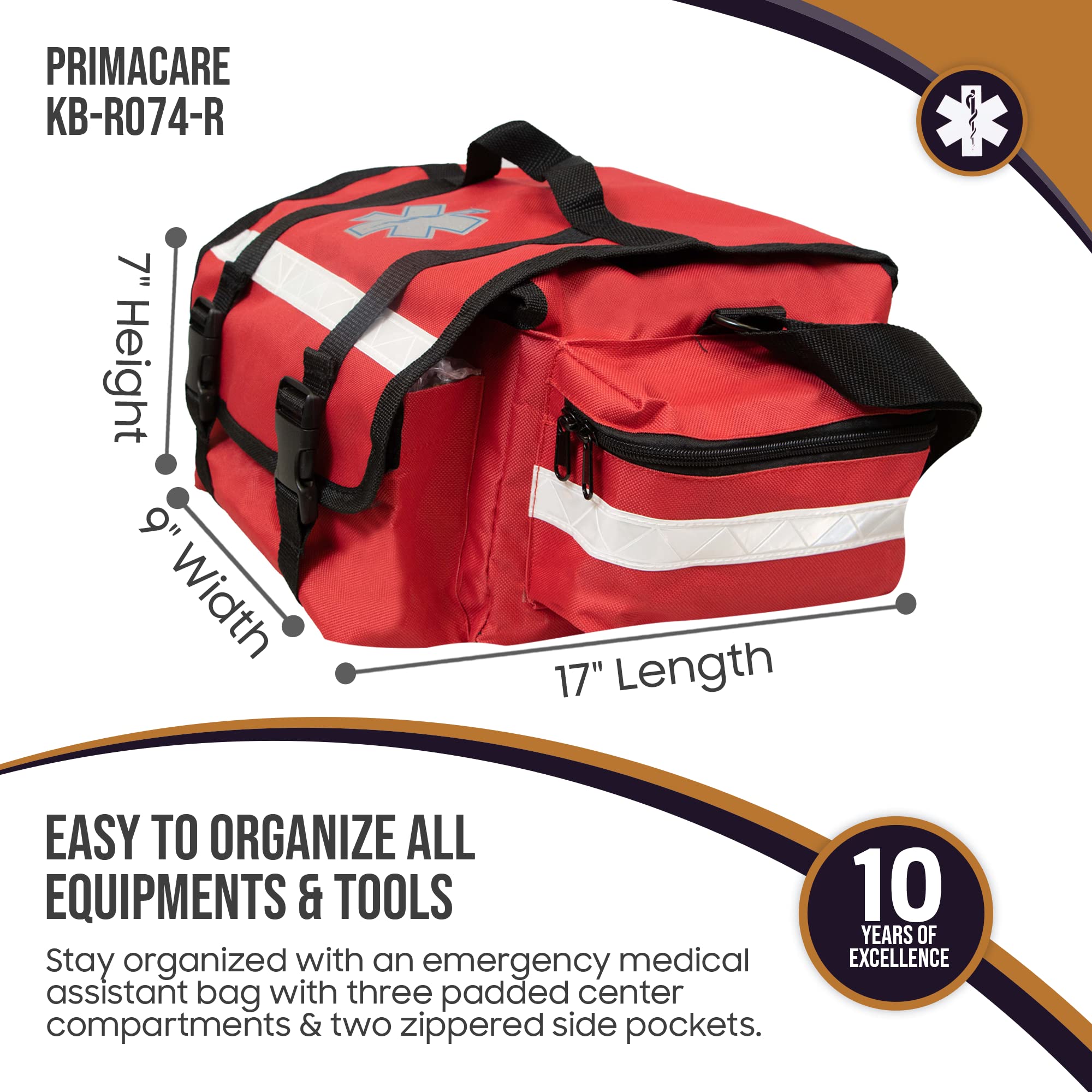 Primacare CSKB-RO74-R Case of 12 First Responder Trauma Bags, 17x9x7 Inch Emergency Medical Kit with Multiple Compartments - Ideal for EMTs, Paramedics & First Aid Responders in Hospitals, Ambulances & Disaster Relief Scenarios