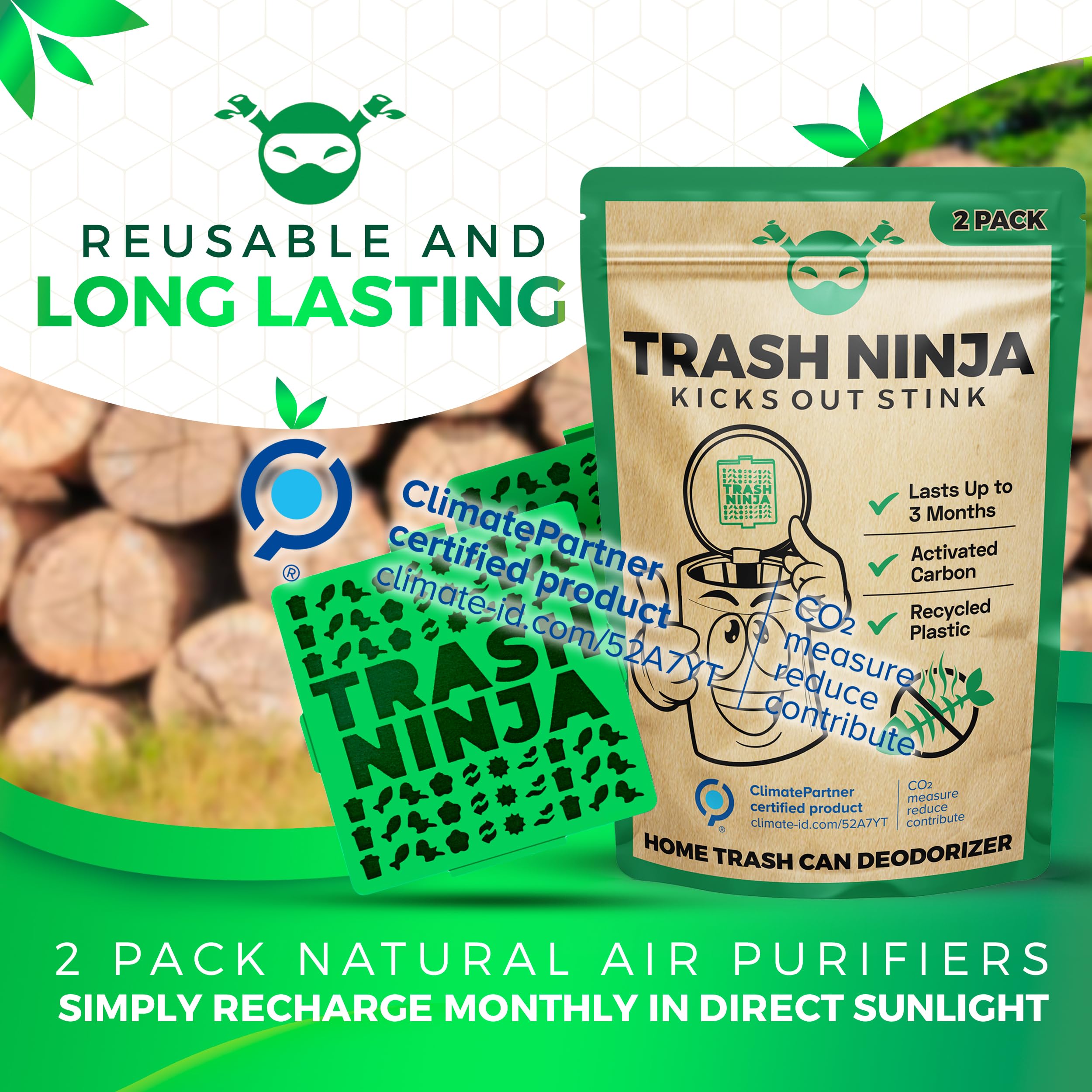 Trash Ninja Activated Carbon Odor Eliminator (2 Pack) – Natural Garbage Can Deodorizer for 10 Gallon Indoor Trash Bins – Lasts 3 Months – Eliminates Kitchen, Bathroom & Pet Waste Odors