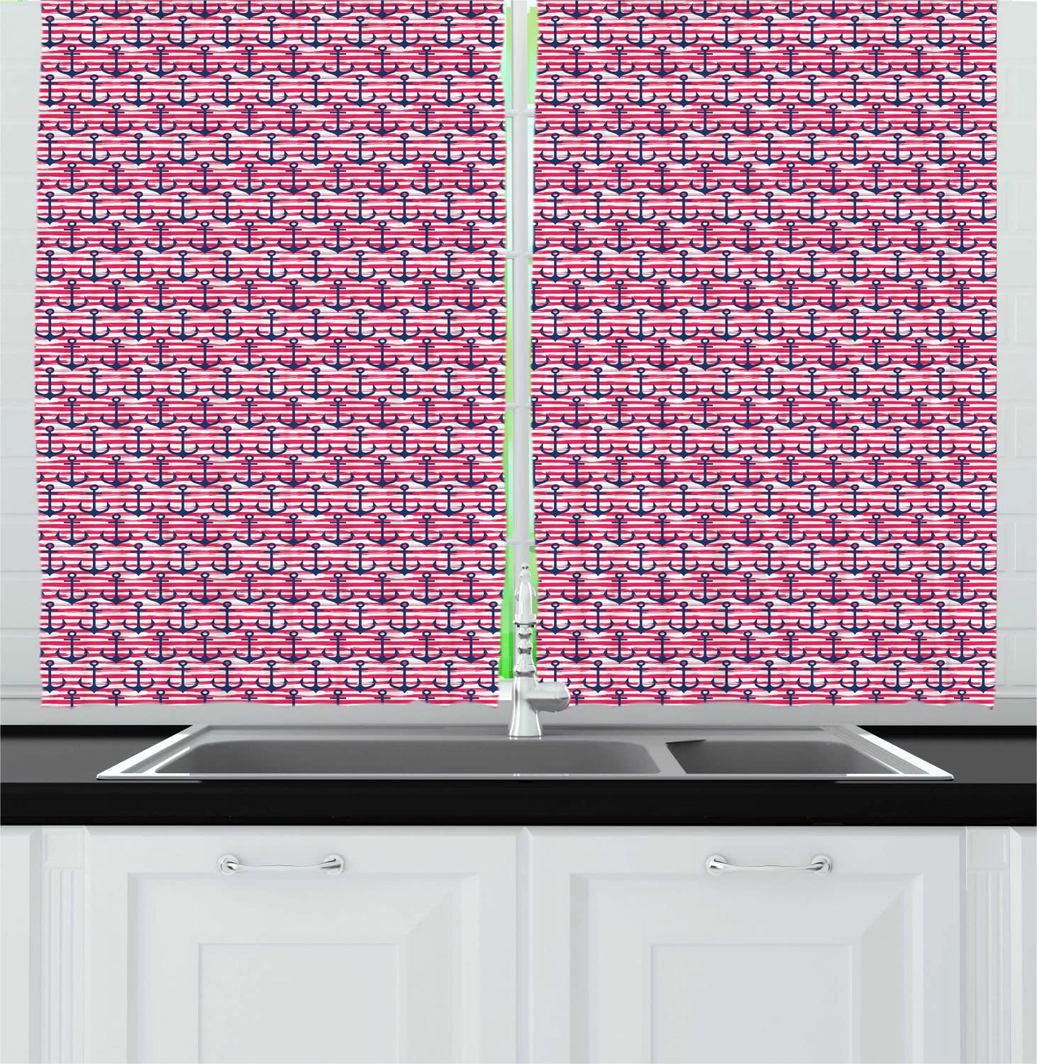 Ambesonne Nautical Long Kitchen Curtains - Hand Drawn Marine Themed Striped Drapes with Grunge Effect, 2 Panel Rod Pocket Window Treatment, 55