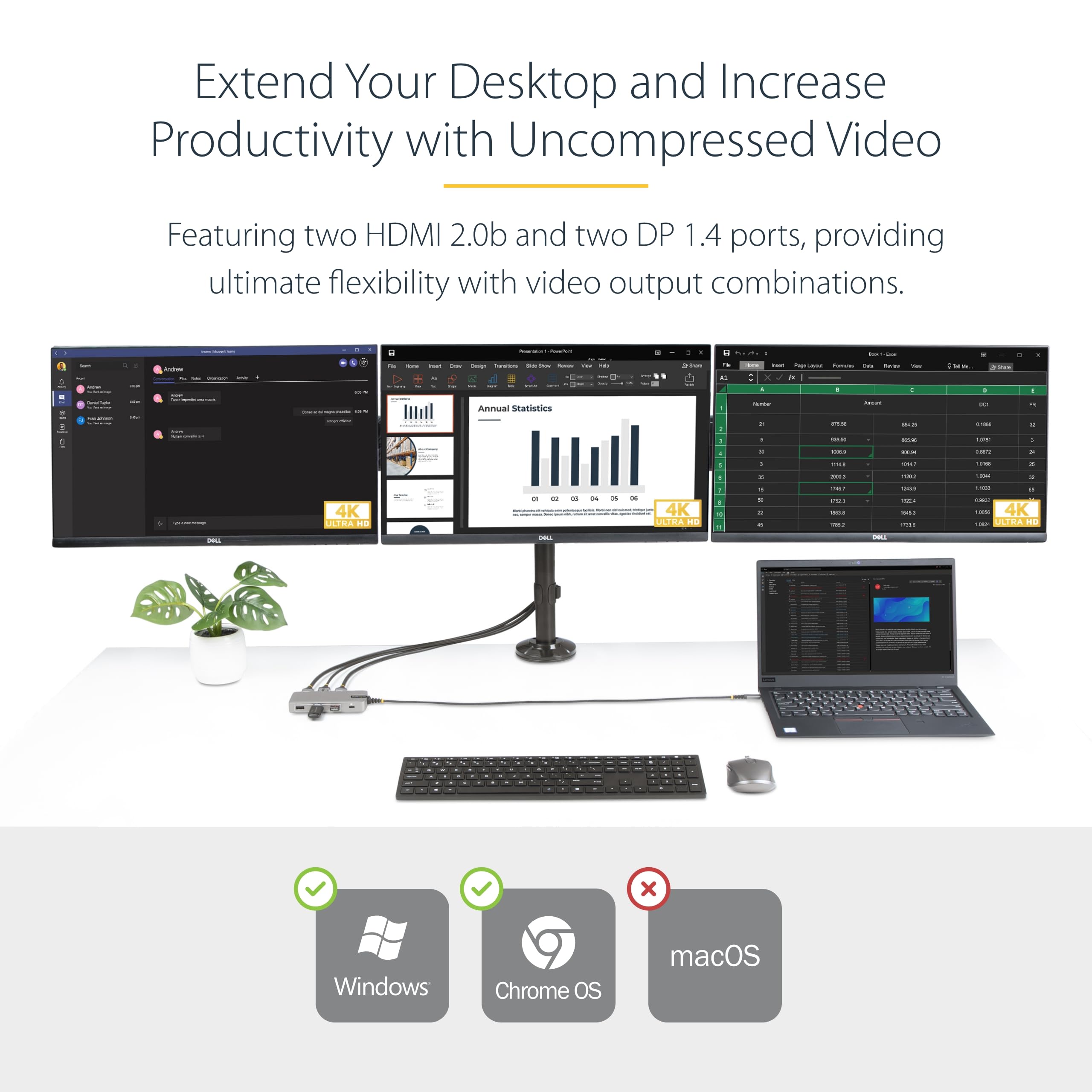 StarTech.com USB-C Triple Monitor Docking Station - 4K HDMI & DisplayPort Adapter with 3-Port USB 3.1 Hub, 100W Power Delivery, Gigabit Ethernet - Portable Travel Dock for Laptops (Windows/ChromeOS) - Perfect for Home Office, Remote Work & Business Travel