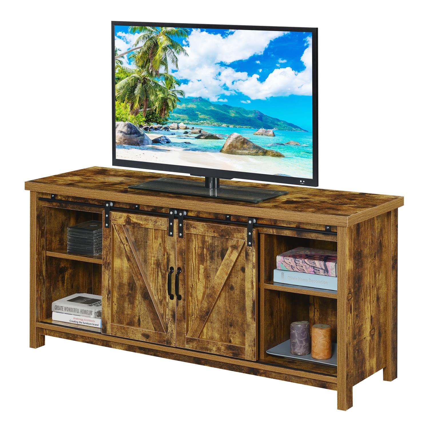 Blake Barn Door TV Stand with Shelves & Sliding Cabinets for 60 Inch TVs - Rustic Barnwood Entertainment Center for Living Room, Bedroom, Home Theater