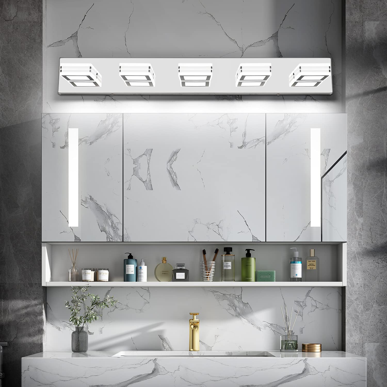 Modern Dimmable LED Bathroom Vanity Lights - Chrome 5 Lights for Mirror & Wall - Perfect for Makeup & Grooming