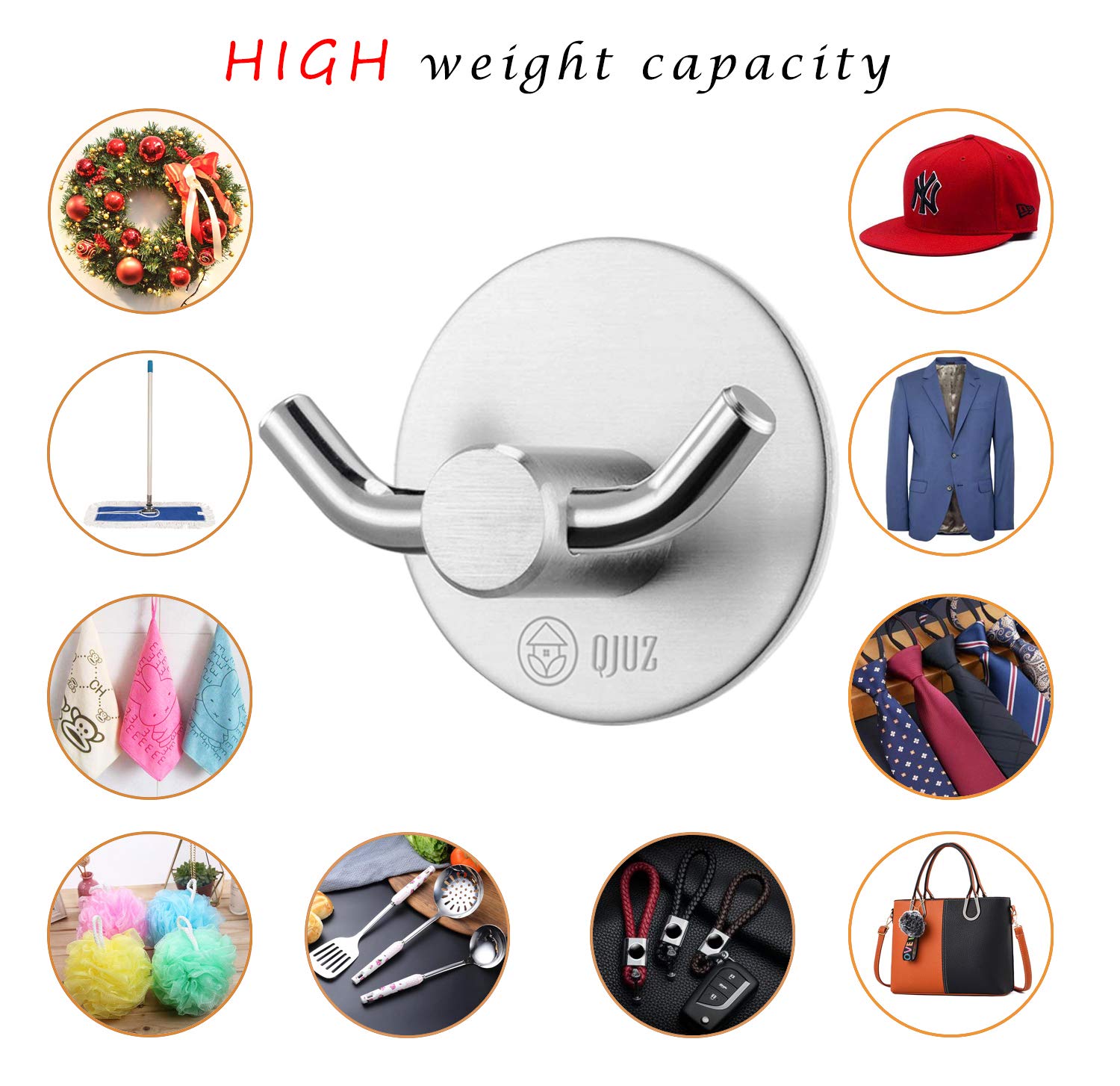 QJUZ Double Prong Adhesive Wall Hooks - Heavy Duty Stainless Steel Bathroom & Kitchen Organizer for Towels, Robes, Keys, Bags, Coats & Hats (4 Pack) - Perfect for Shower, Entryway & Closet Organization