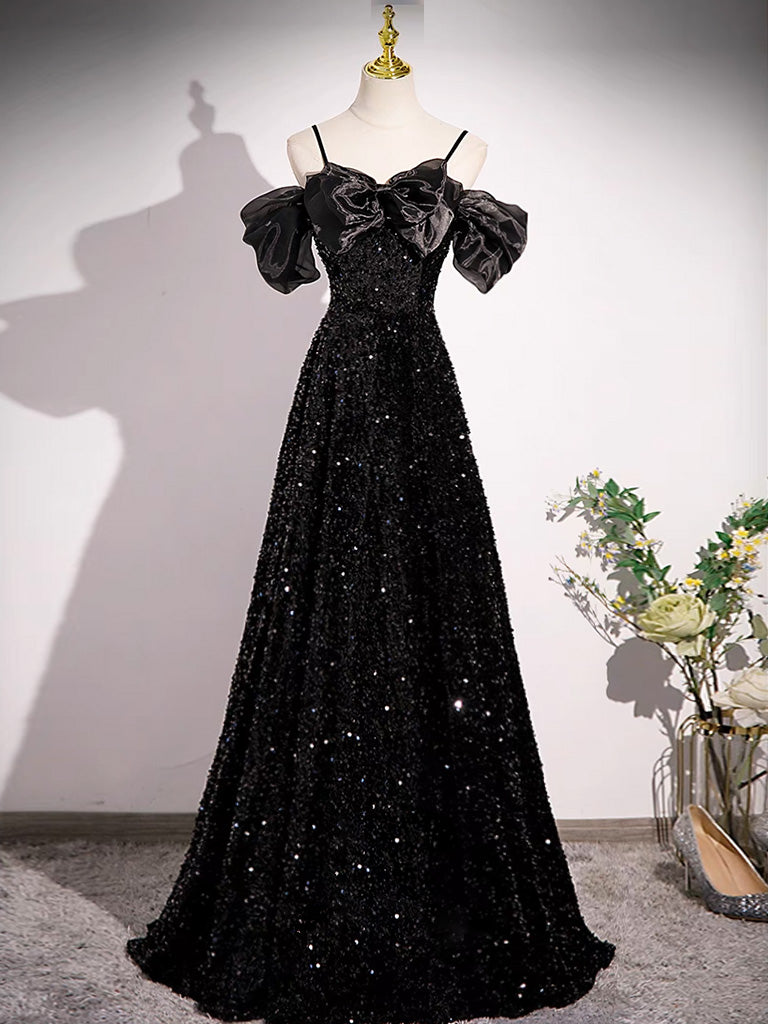 Elegant Black Off Shoulder Velvet Sequin Long Prom Dress - Formal Evening Gown for Homecoming, Ball & Special Occasions