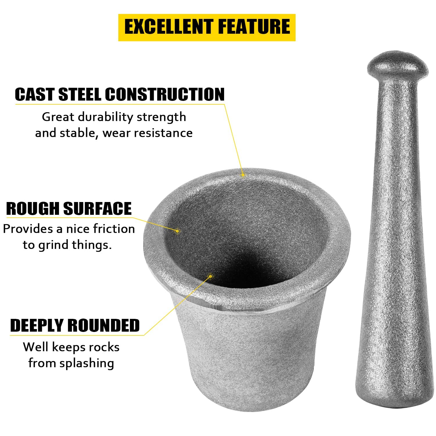 Yousme Extra Large Cast Steel Mortar and Pestle Set - Heavy Duty Rock Crusher for Gold Mining, Quartz Grinding, Ore Pulverizing & Prospecting - Perfect for Geology Labs, Assay Testing & DIY Gold Recovery
