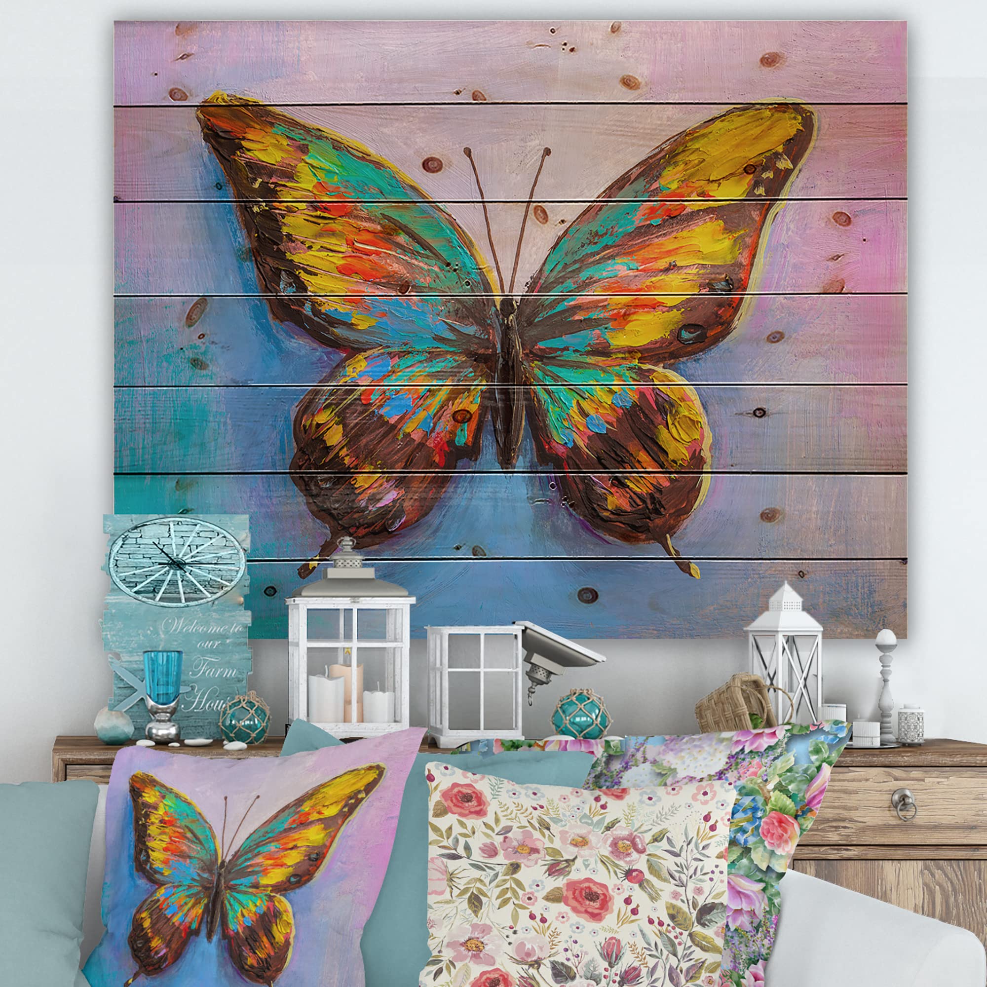 Modern Butterfly Wood Wall Art - Turquoise & Orange Abstract Wood Panel Decor, Large Pine Wood Wall Hanging for Living Room, Bedroom & Office