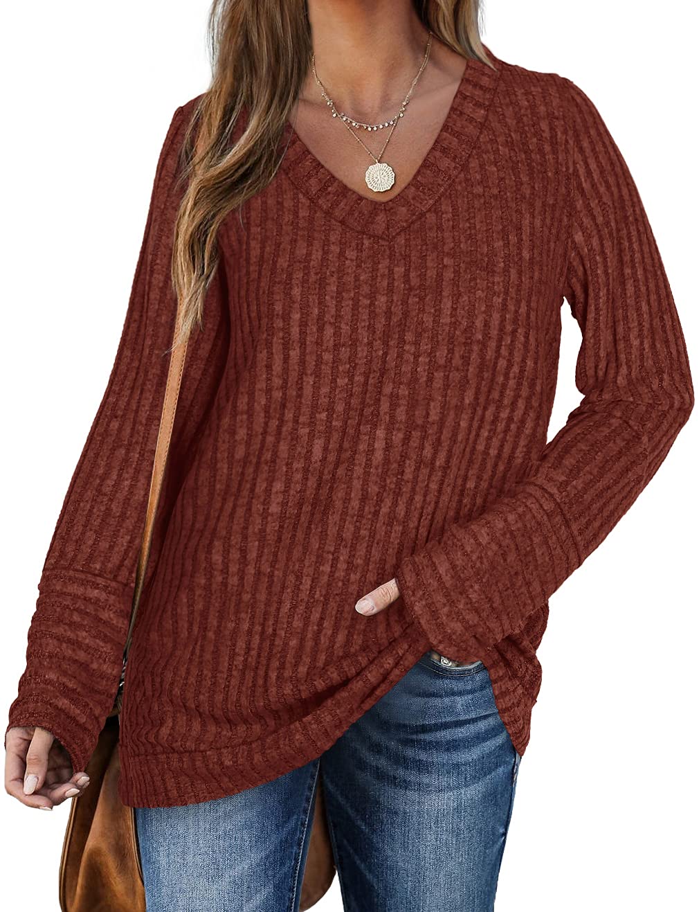 WIHOLL Women's Long Sleeve V-Neck Solid Color Sweater - Soft Casual Knit Pullover Top for Fall & Winter | Perfect for Office, Date Night & Weekend Outfits