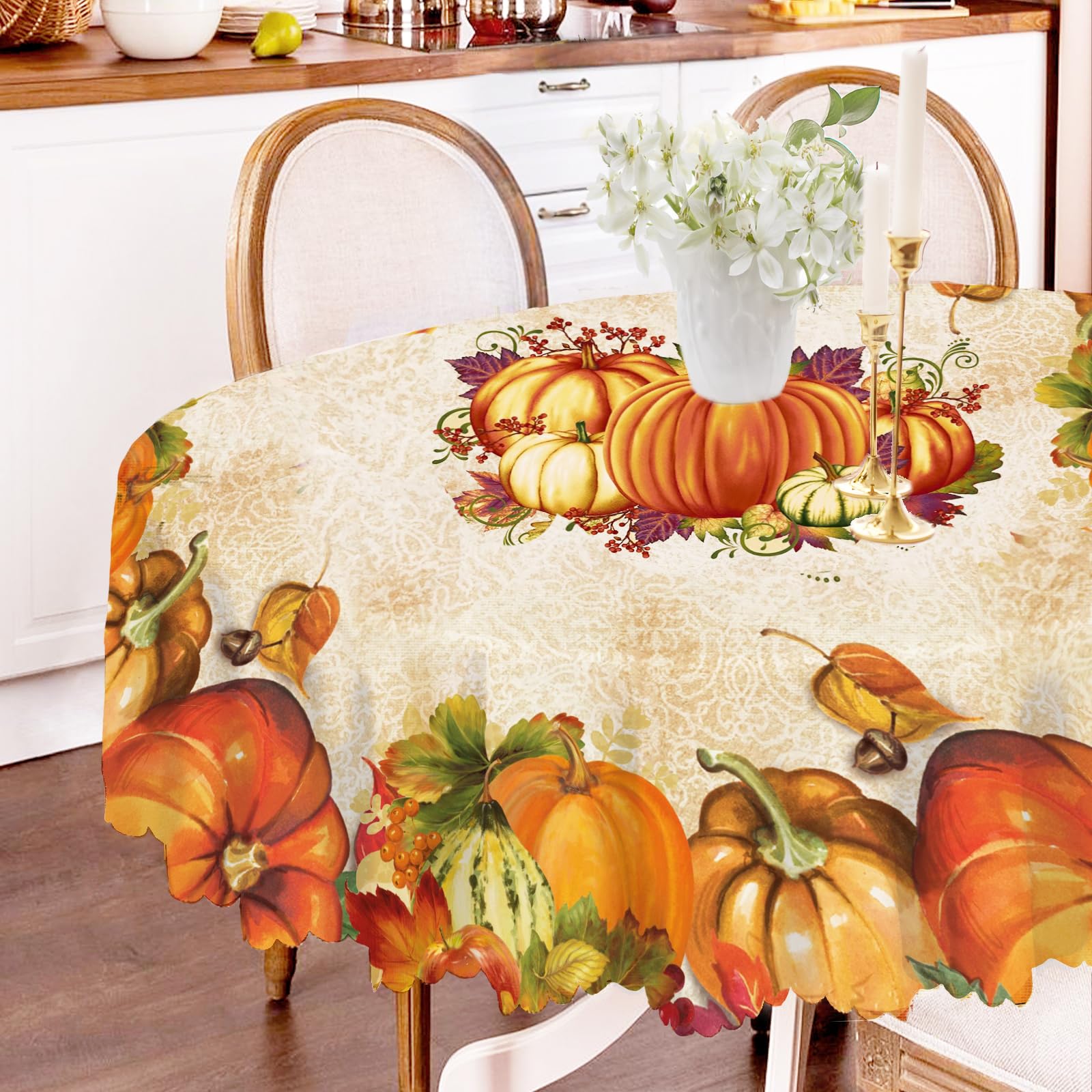 60x60 Inch Round Fall Tablecloth - Autumn Pumpkin Thanksgiving Table Cover for Home, Party & Picnic - Perfect for Seasonal Decor, Holiday Gatherings and Outdoor Dining