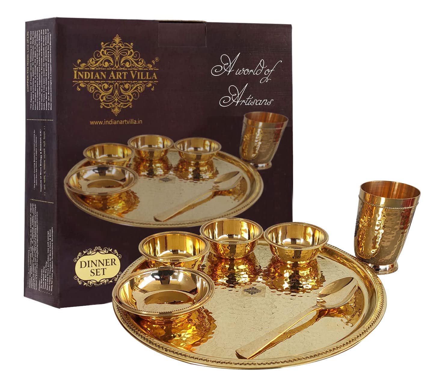 Pure Brass 7-Piece Indian Dinner Set - 1 Plate, 1 Tumbler, 1 Spoon, 1 Small Plate & 3 Bowls in Gold Finish | Elegant Tableware for Home Dining, Parties & Traditional Indian Meals