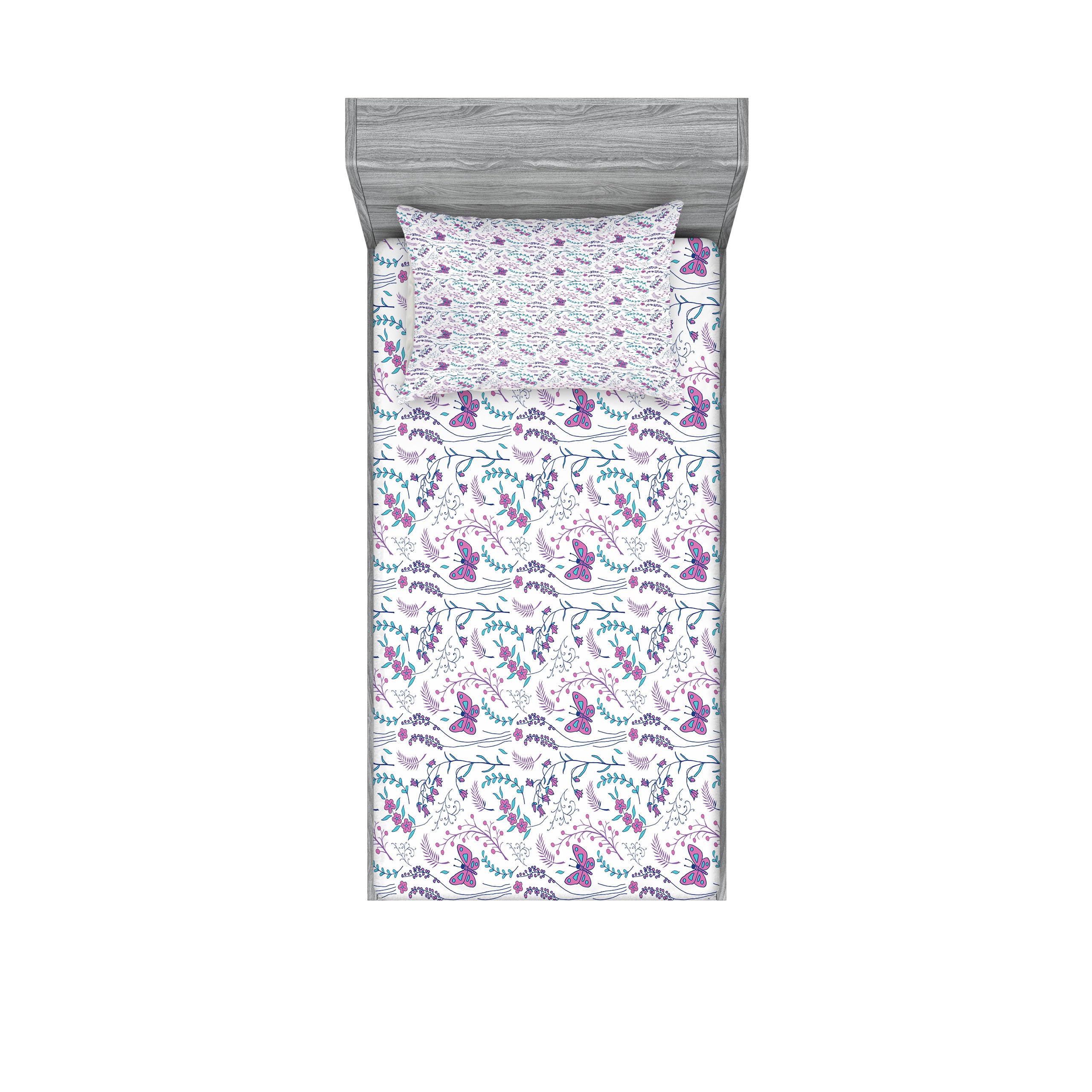 Ambesonne Spring Fitted Sheet & Pillow Sham Set - Romantic Floral Print with Leaves & Butterflies - 2-Piece Twin Bedding Set in Dark Turquoise Blue - Perfect for Spring Bedroom Decor & Guest Room Styling