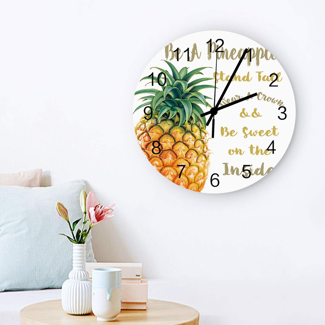 12 Inch Silent Non-Ticking Wooden Round Wall Clock with Pineapple Design and Inspirational Quotes - Battery Operated Home Decor for Kitchen, Bathroom, Living Room - Perfect for Farmhouse, Coastal, and Boho Style Interiors