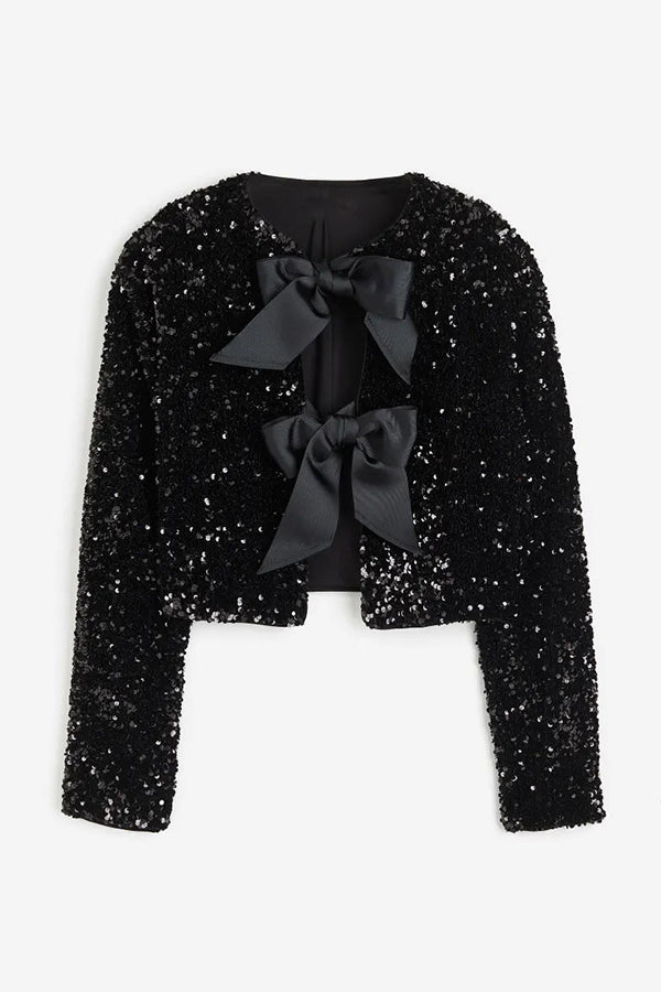 Elegant Tie-Front Bow Sequined Jacket for Women - Perfect for Parties & Date Nights | Two-Way Styling Options