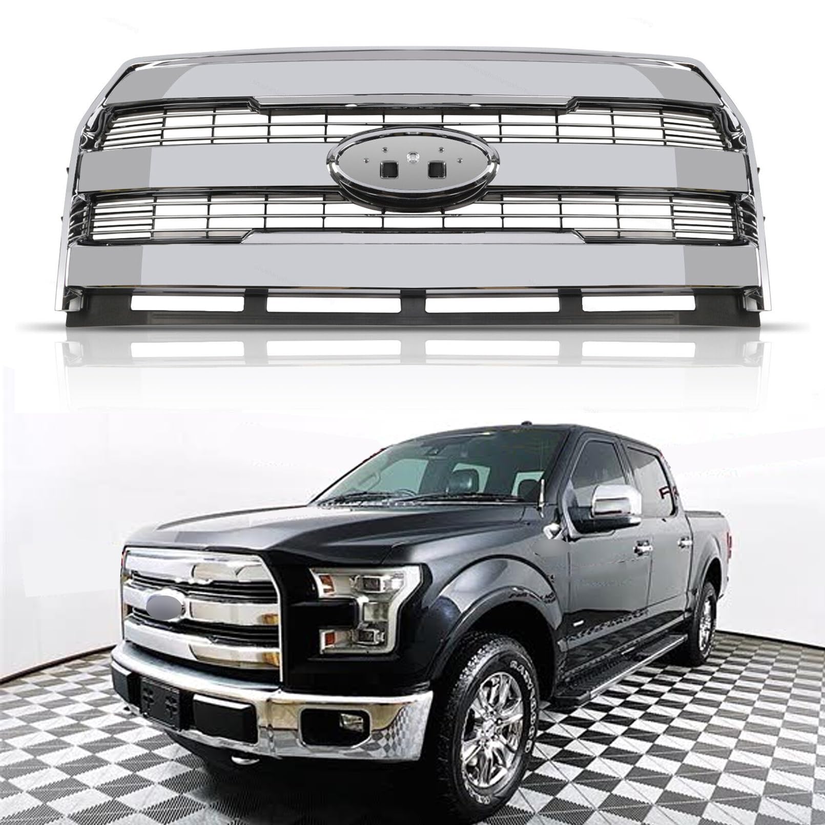 2015-2017 Ford F150 F-150 Upper Front Bumper Grille - Chrome ABS Plastic Mesh Hood Grill Replacement | Perfect for Off-Roading & Truck Customization