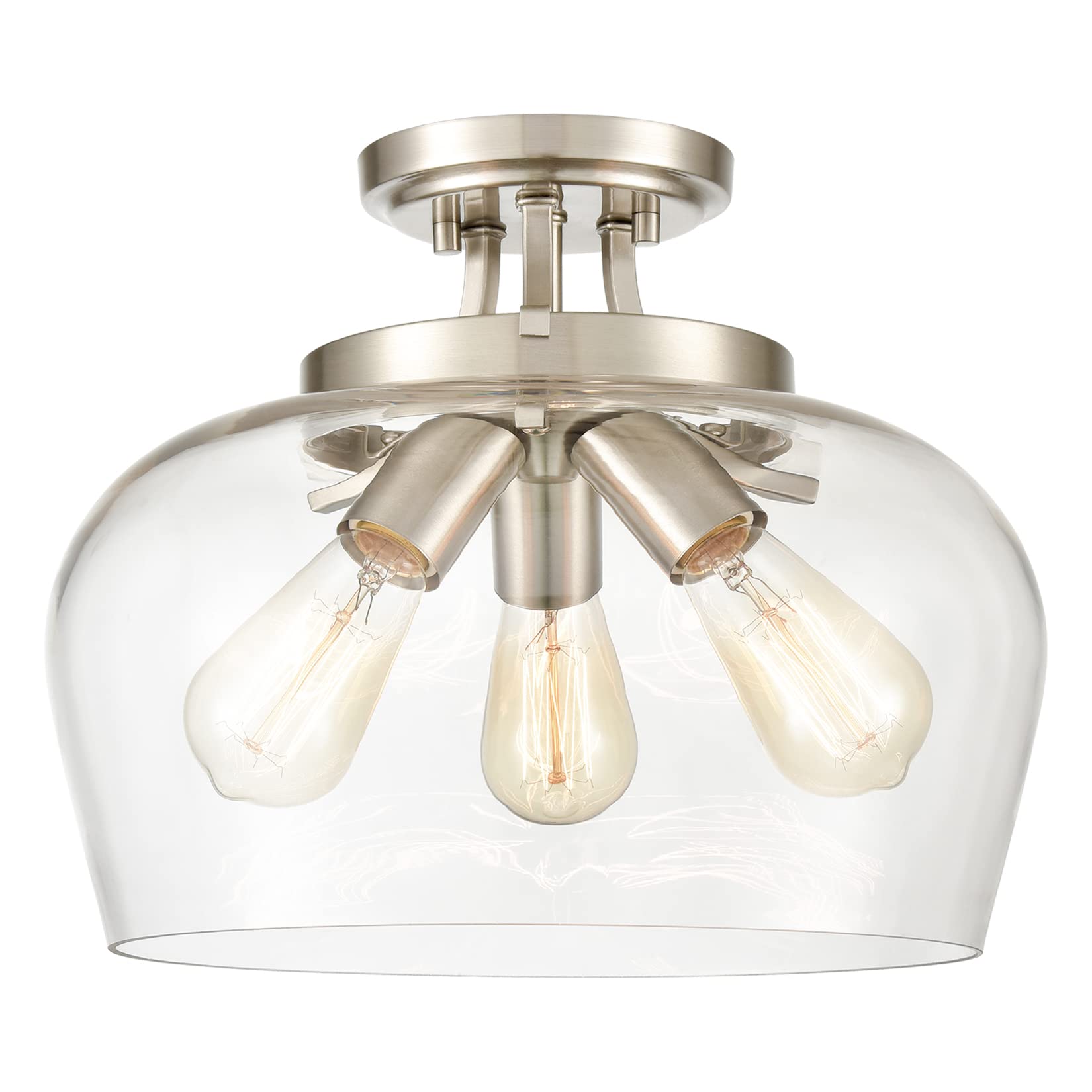 13.6-Inch Brushed Nickel Semi Flush Mount Ceiling Light Fixture - Modern 3-Light Clear Glass Design for Hallway, Bedroom, Bathroom & Living Room - Perfect for Ambient Lighting in Homes, Apartments and Offices