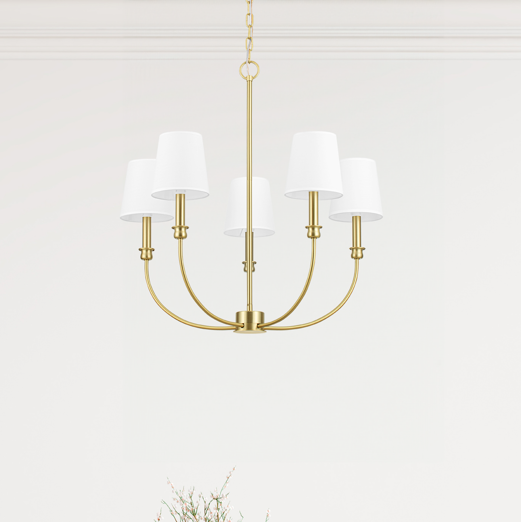 5-Light Billet Chandelier in Brushed Gold with Fabric Shades - Elegant Dining Room & Bedroom Ceiling Lighting Fixture