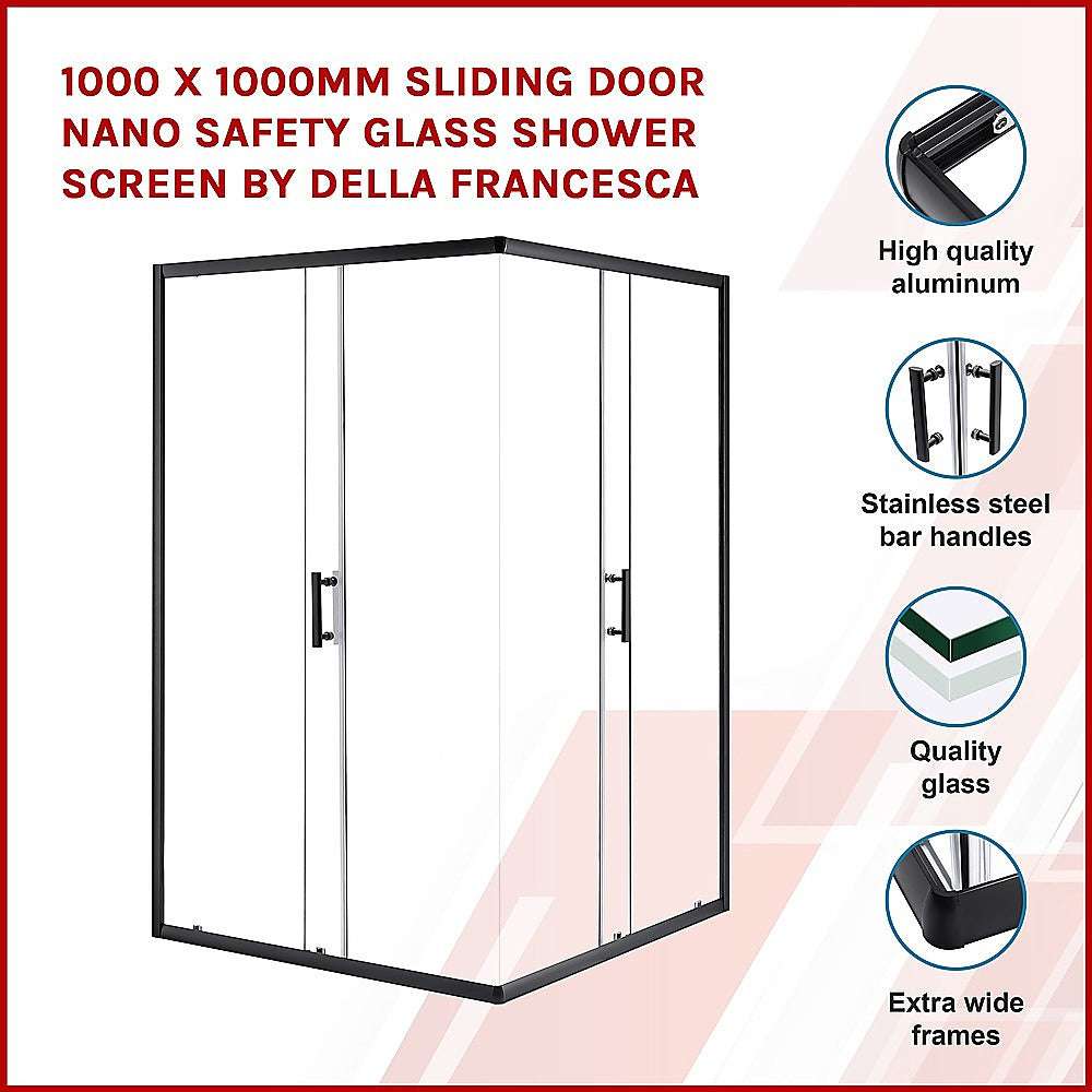 Della Francesca 1000 x 1000mm Sliding Door Shower Screen - Tempered Nano Safety Glass for Bathroom - Perfect for Modern Homes, Apartments & Spa-Like Showers