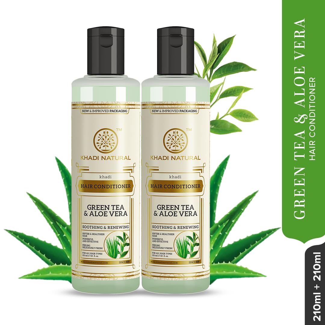 KHADI NATURAL Herbal Green Tea & Aloe Vera Hair Conditioner - Frizz-Free, Shine-Enhancing for All Hair Types | 2-Pack (420ml) | Perfect for Dry, Damaged Hair & Daily Nourishment