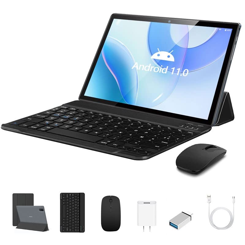 2 in 1 Tablet 10.1 inch Android 11.0 with Keyboard - Full HD 1080p Touchscreen, GMS Certified, 4GB RAM 64GB ROM (Expandable to 256GB), Dual Camera, Bluetooth, Wi-Fi, 6000mAh Battery - Perfect for Work, Study & Entertainment (2022 Model, Grey)