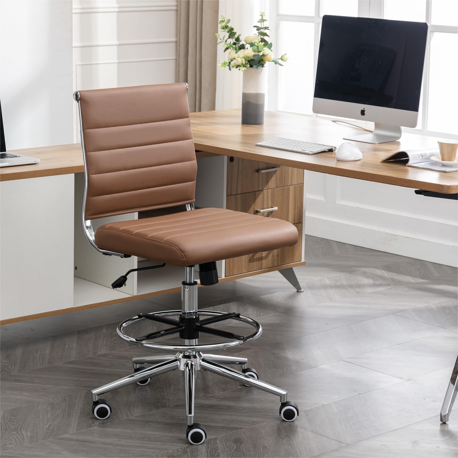 Okeysen Armless Drafting Chair - Adjustable Height PU Leather Office Stool with Mid Back Support, Footrest & Swivel Base for Standing Desks - Perfect for Home Office, Studio & Drafting Work