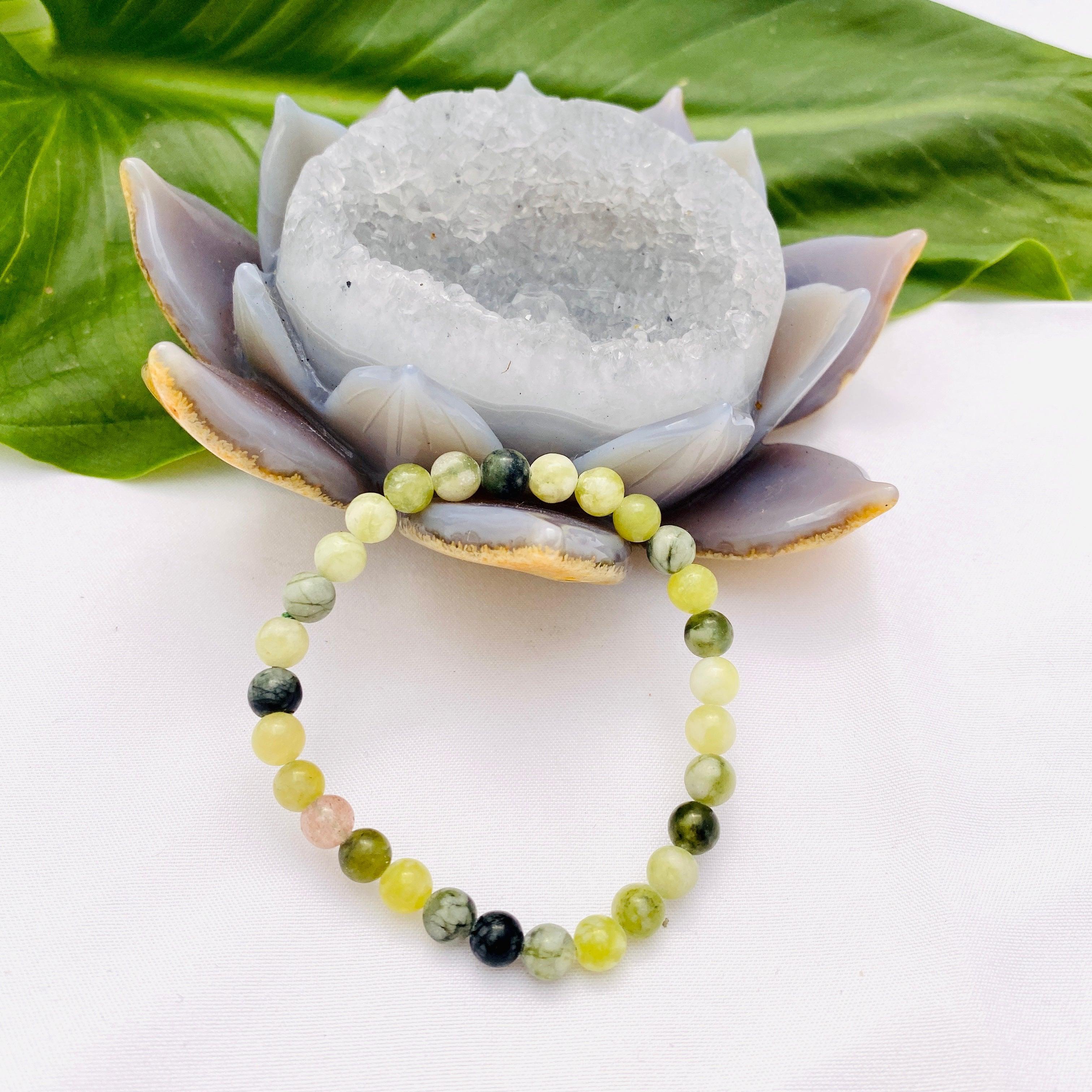Natural Prehnite and Serpentine Beaded Bracelet for Women - Healing Crystal Jewelry for Meditation, Yoga & Spiritual Energy